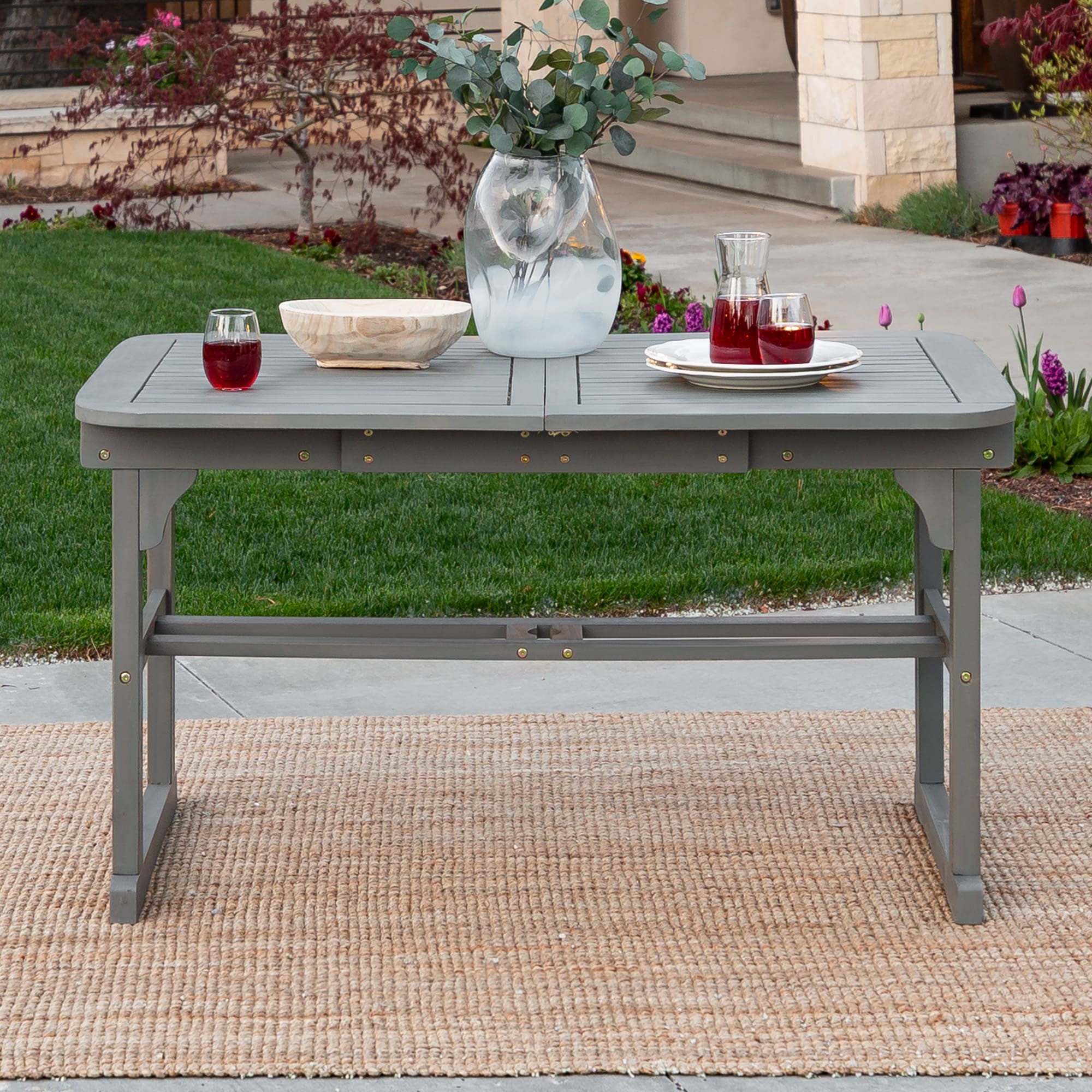 Walker Edison LWWTEXGW Rectangle Extendable Outdoor Dining Table 35-in W x 79-in L with Umbrella Hole