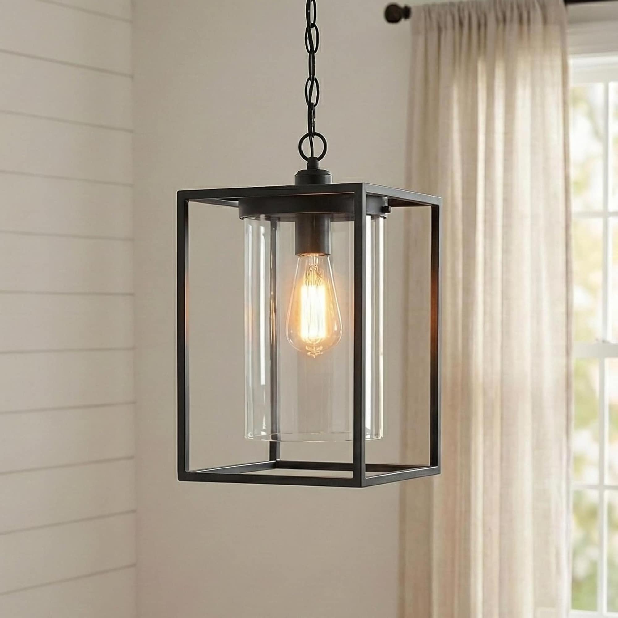HyperDrop Cart 1-Pack Industrial Black Metal Cage Farmhouse Pendant Light with Glass Shade