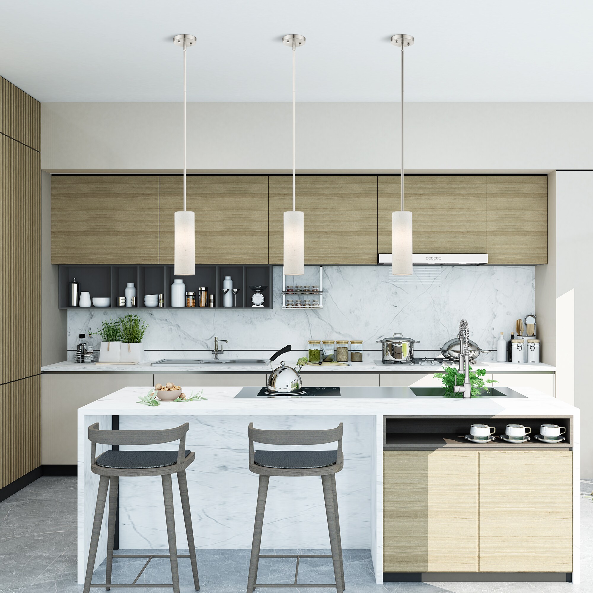 Contemporary Brushed Nickel Mini Pendant with Oatmeal Fabric Shade