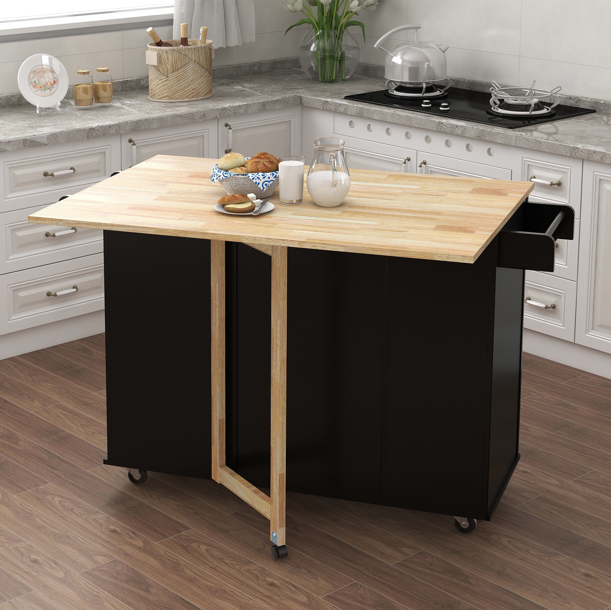 BABOOM Black Mdf Base with Wood Top Rolling Kitchen Island (16.93-in x 53.54-in x 36.02-in)