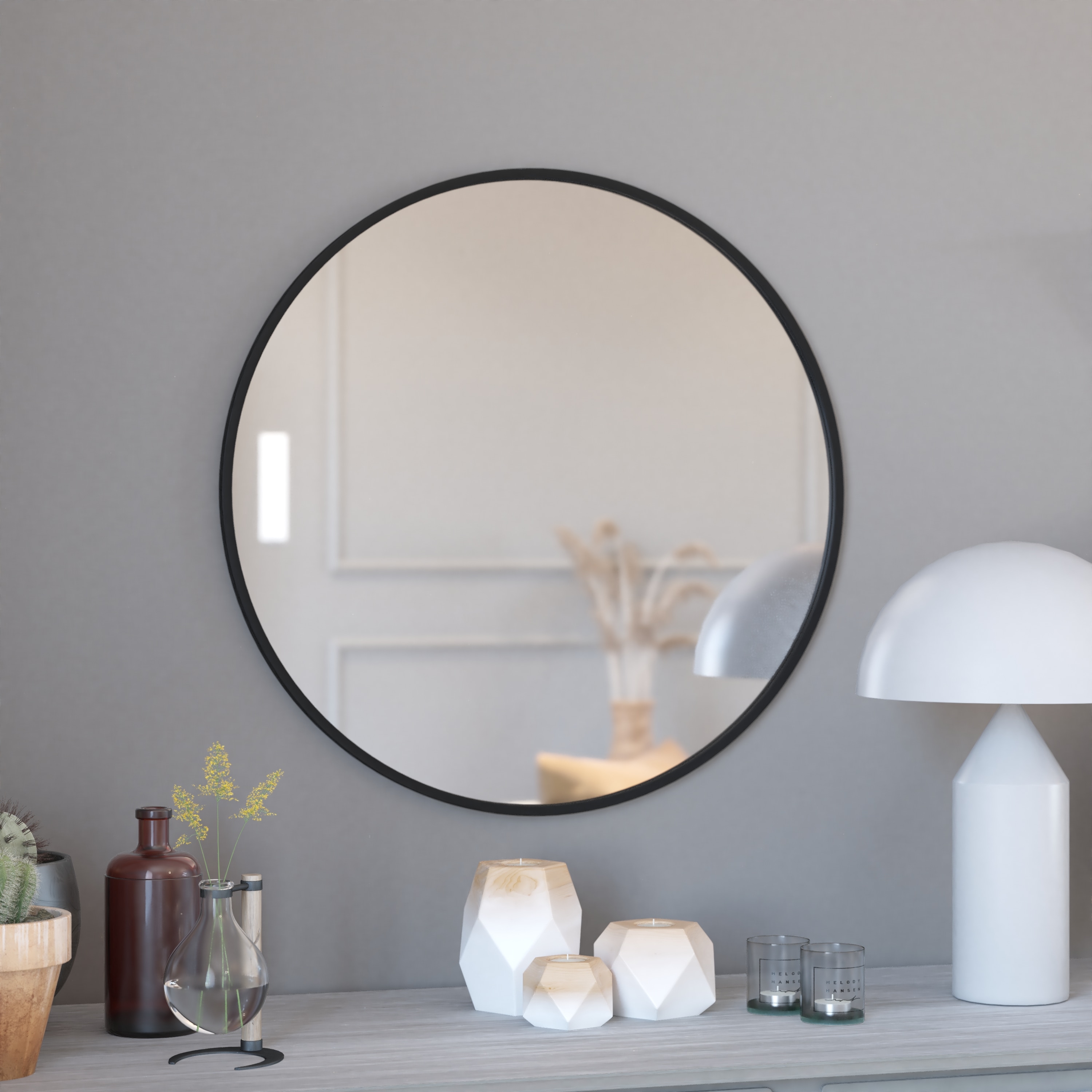 Merrick Lane Monaco 30-in Round Accent Wall Mirror in Black with Metal Frame for Bathroom; Vanity; Entryway; Dining Room; and Living Room #196861037597