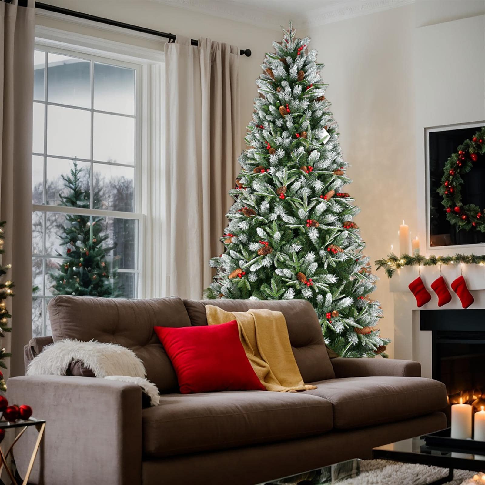 Choco Moon Artificial 5ft Green Christmas Tree with 1113PE PVC Mixed Branch Tips Red fruit and Pine cone Hinged Premium