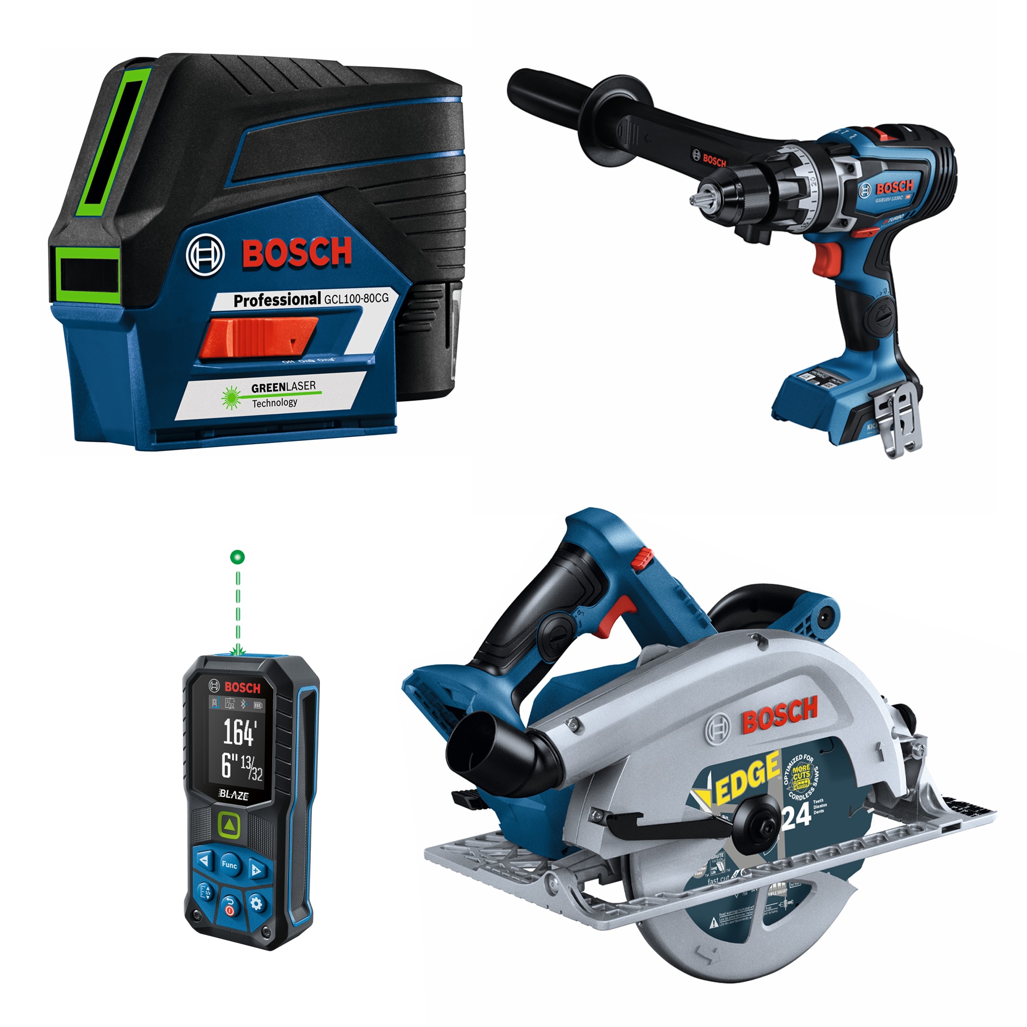 Bosch  18V PROFACTOR™ 7-1/4 In. Circular Saw (Bare Tool), PROFACTOR™ 18V Connected-Ready 1/2 In. Hammer Drill/Driver (Bare Tool), BLAZE™ Connected Green-Beam 165 Ft. Laser Measure, and 12V Max Connected Green-Beam Cross-Line Laser with Plumb Points