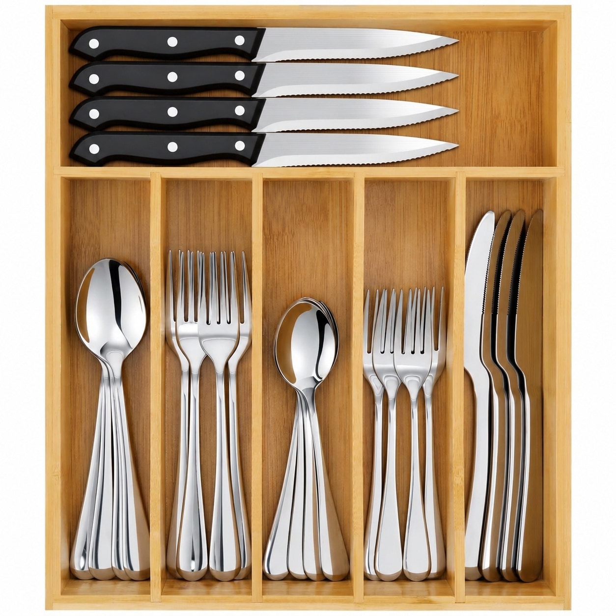 Anqtovp  49 Piece Silverware Set with Bamboo Drawer Organizer Heavy Duty Stainless Steel Flatware Set for Eight Includes Steak Knives and Mirror