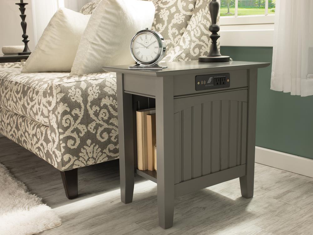 Gray Wood Chair Side Table with Charging Station