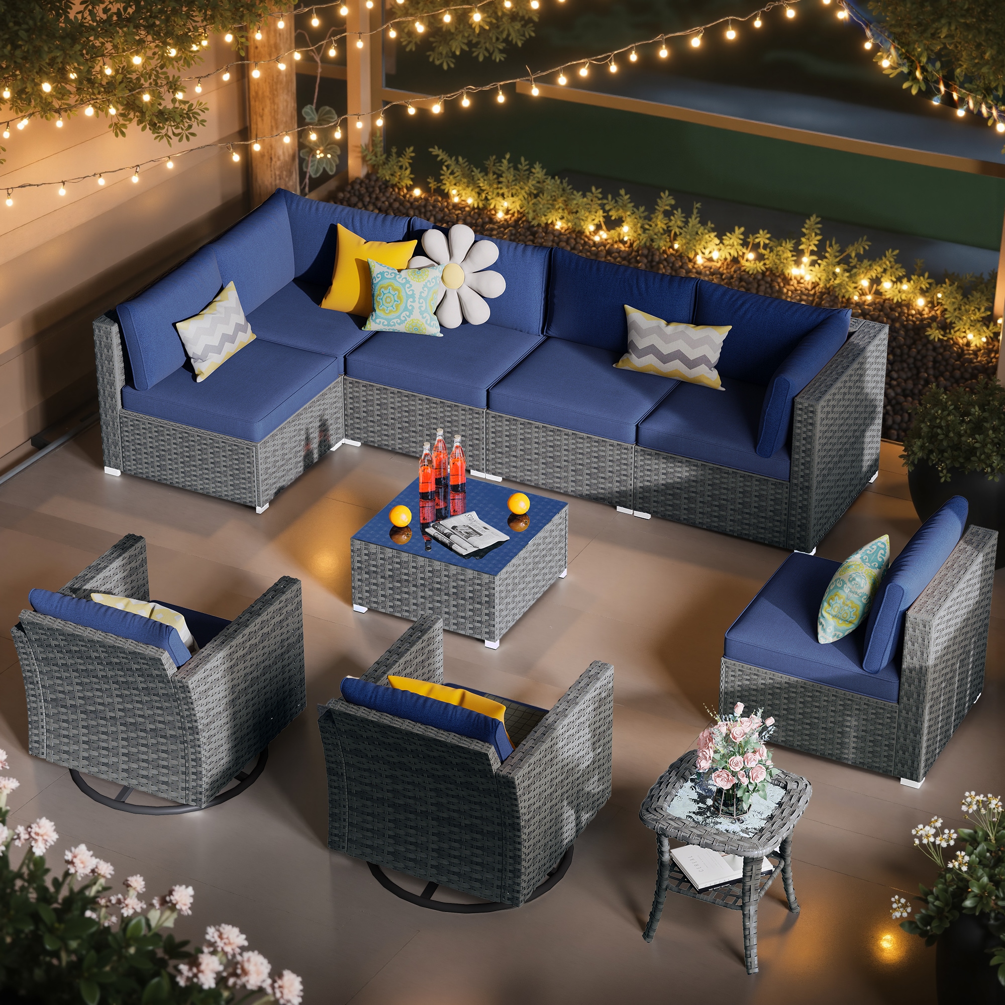 XIZZI XIHOPS305-RC3 Sunrise Rattan Outdoor Sectional with Blue Cushions and Steel Frame