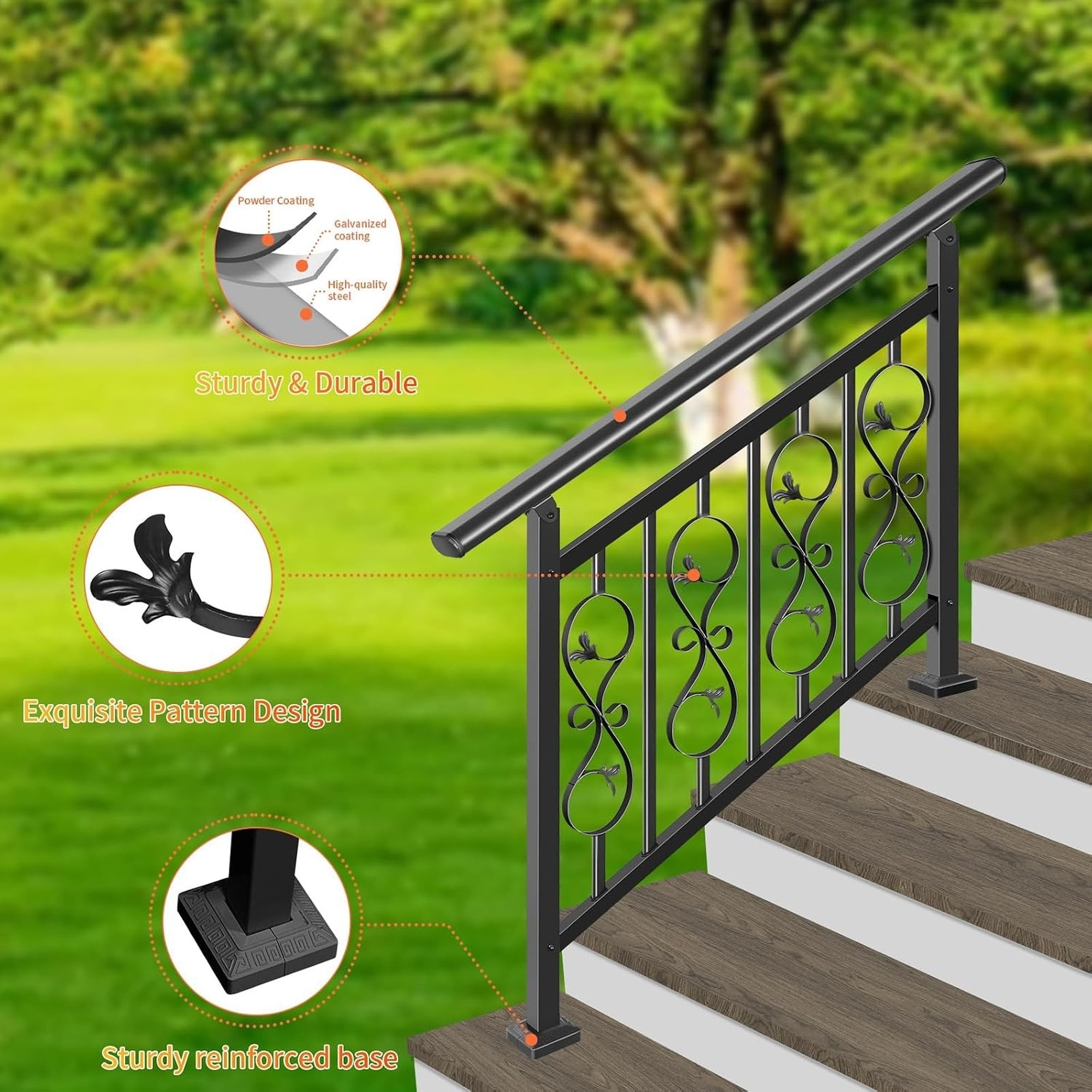 Angel Sar 4 Step Handrails for Outdoor Steps Adjustable Black Wrought ...