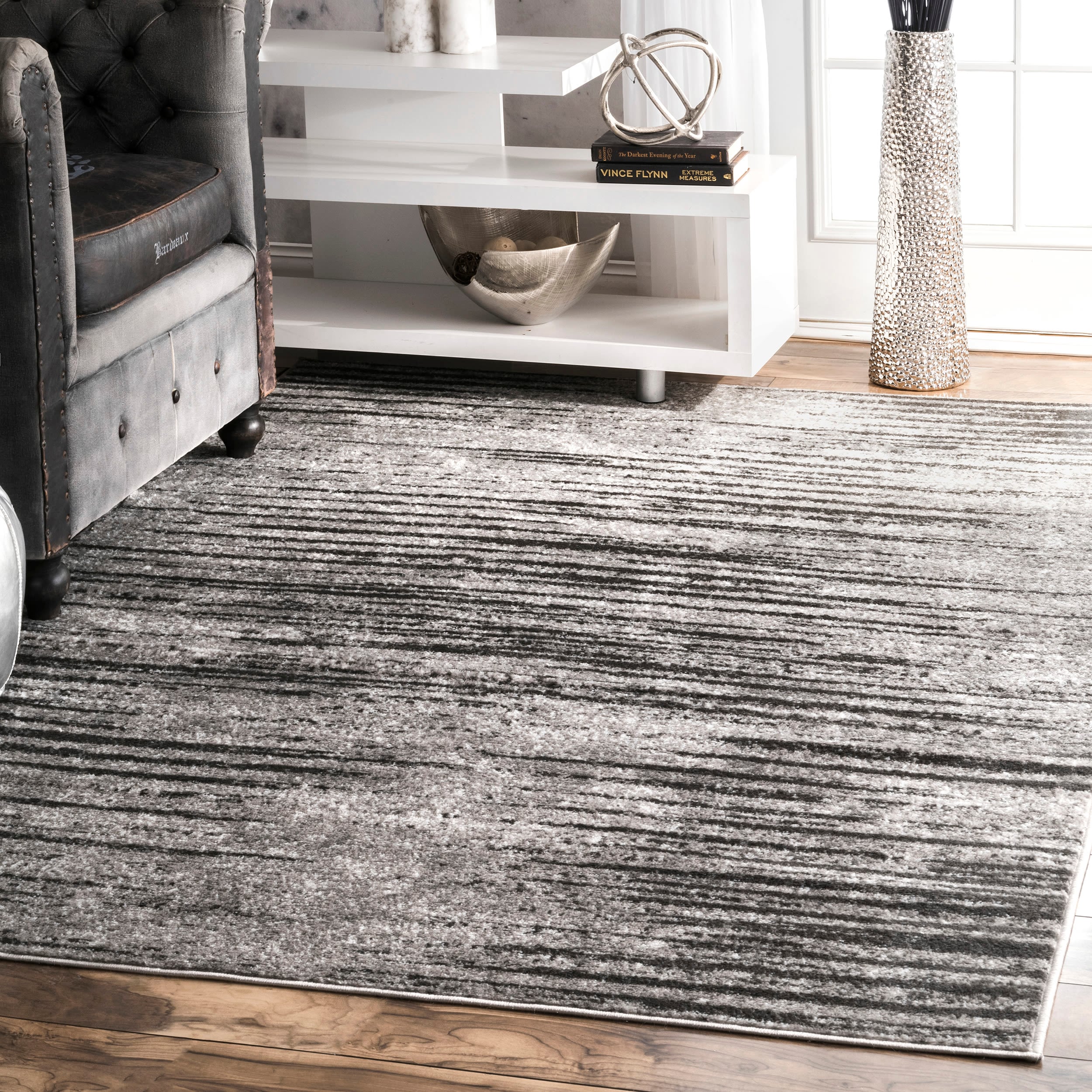 Gray Striped Synthetic Easy Care 2x3 Area Rug