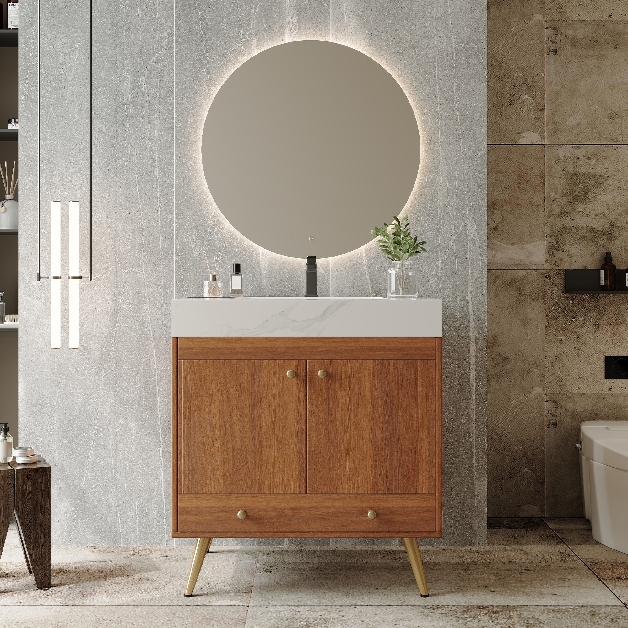 Wooakway 30-in Mid-Century Modern Freestanding Bathroom Vanity with Faux Marble Top Ceramic Sink and Gold Legs