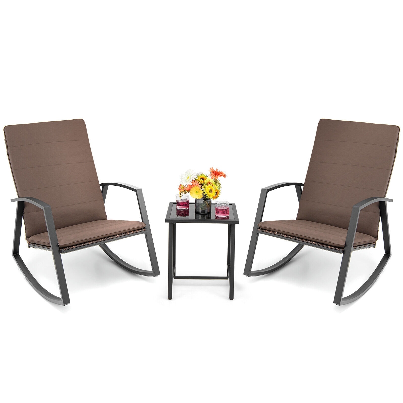 WELLFOR TDS10512CF 3 -Piece Rattan Patio Conversation Set with Brown Cushions