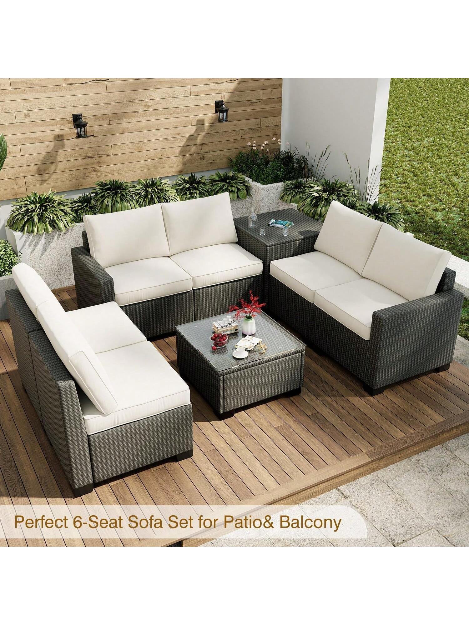 Qeetex PHO-12NNWWWK-HF4 8-Piece Outdoor Patio Furniture Set - 6 Seat Rattan Patio Conversation Sets with Glass Coffee Table and Hidden Storage Box. Patio Sectional Furniture Sets for Garden Poolside Backyard.brown