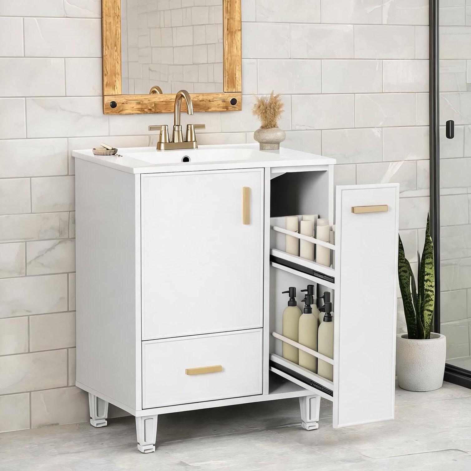 Naturefalls - 24-Inch Bathroom Vanity with Ceramic Sink Solid Wood and MDF Classic White