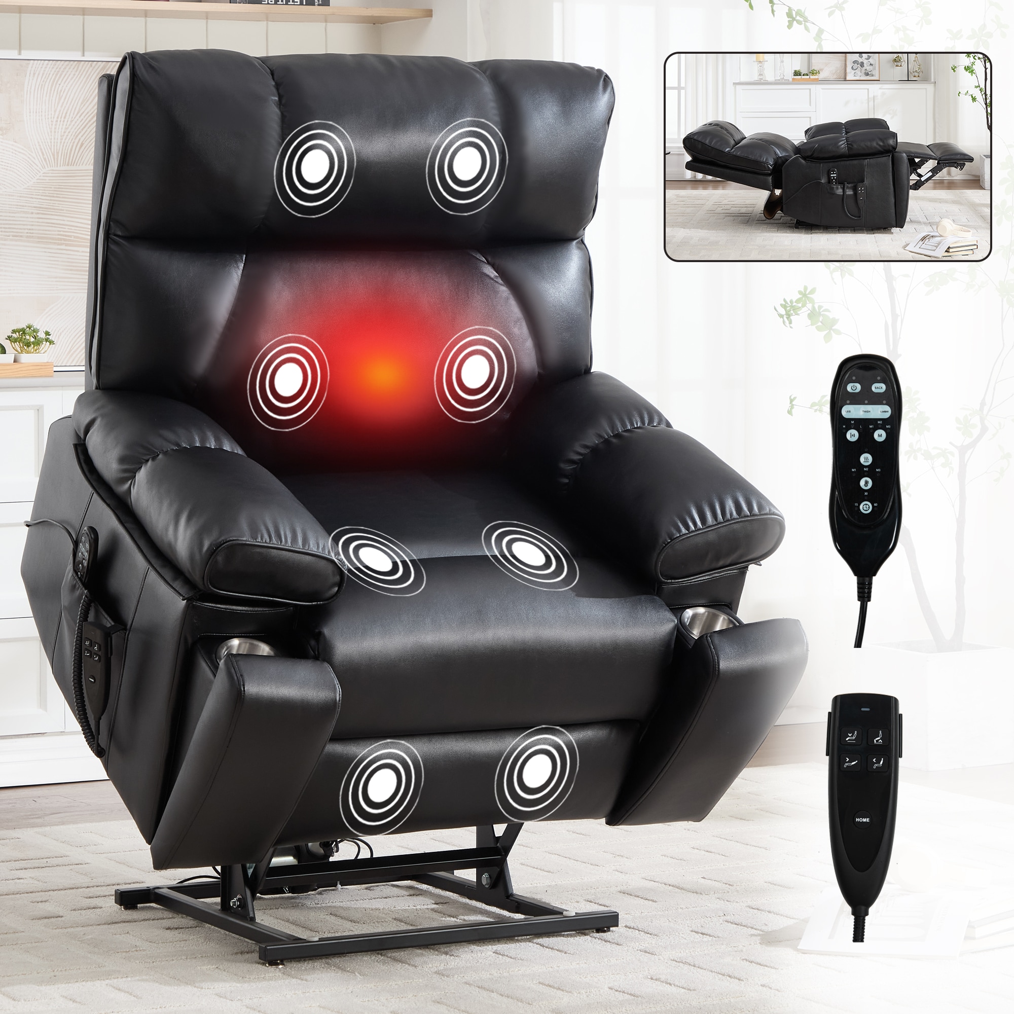 Tatayosi RY-3P340318 Oversized Black Leatheraire Dual Motor Power Lift Recliner Chair with Massage Heat and Hidden Storage Heavy Duty 350 lbs Capacity
