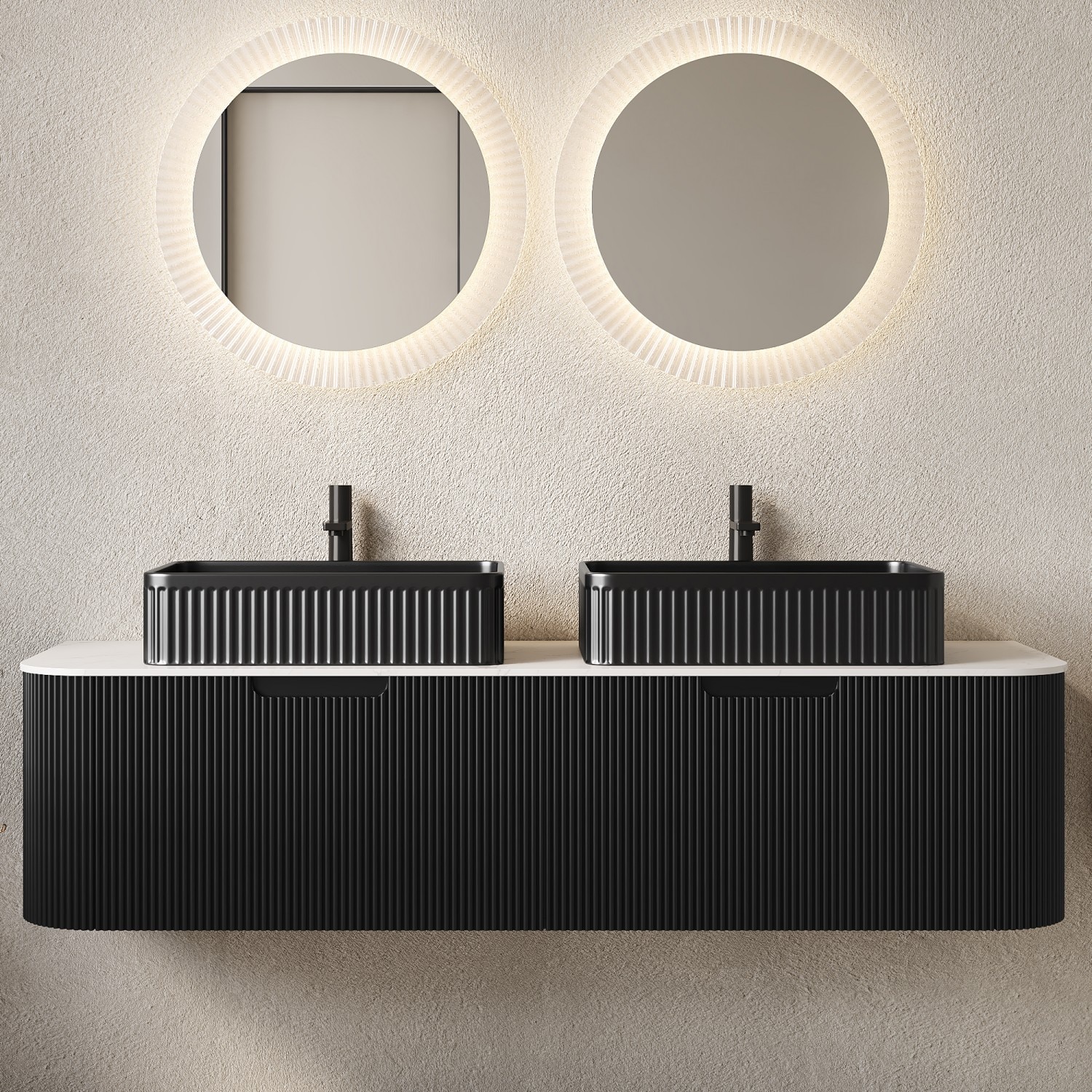 Dexmalle 60-in Black Wall-mount Double Sink Bathroom Vanity with Sintered Stone Top and Black Vessel Sink
