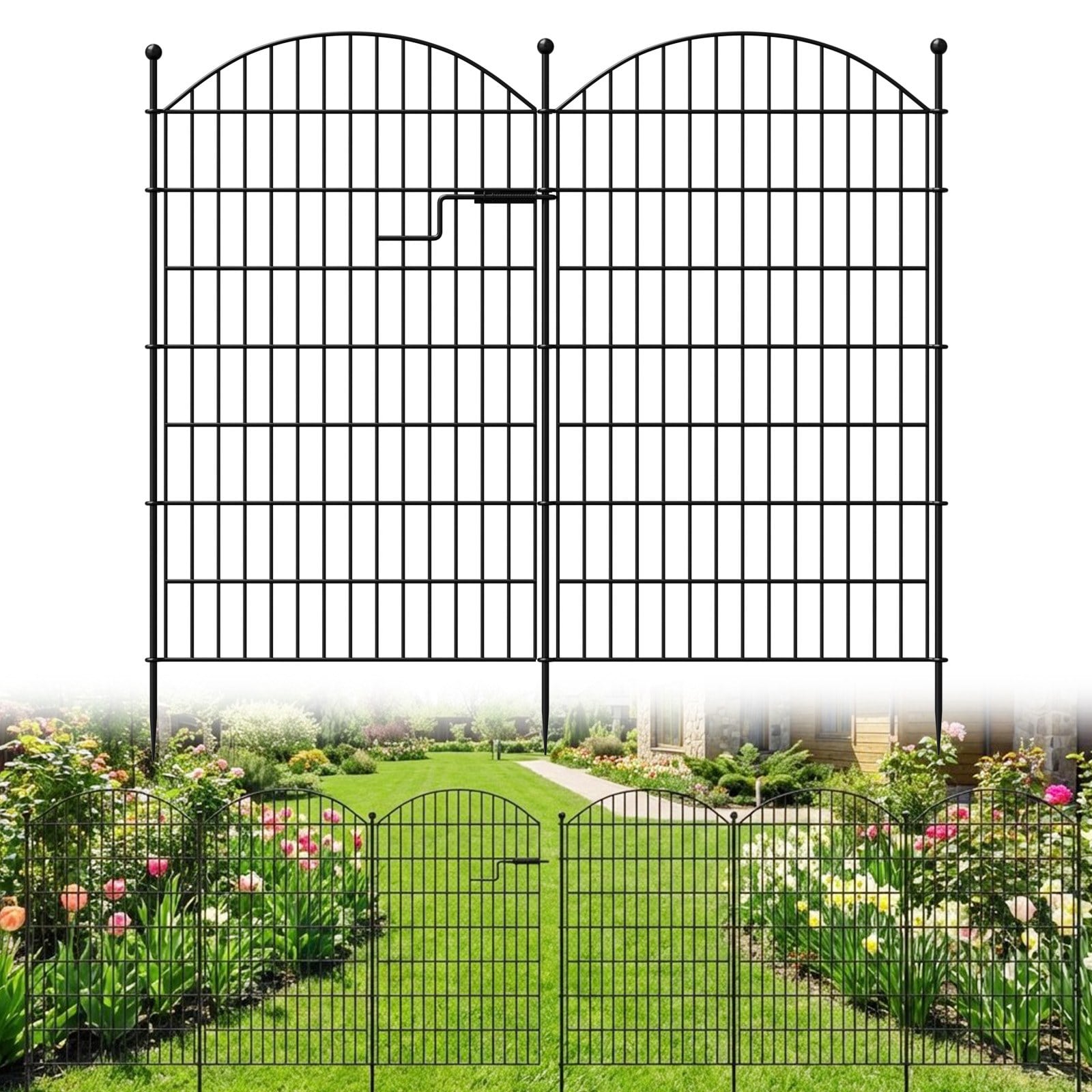 Esazn - 4-in x 26-in x 40-in 7 Panels Garden Fence with Gate Black Metal Steel Decorative fencing