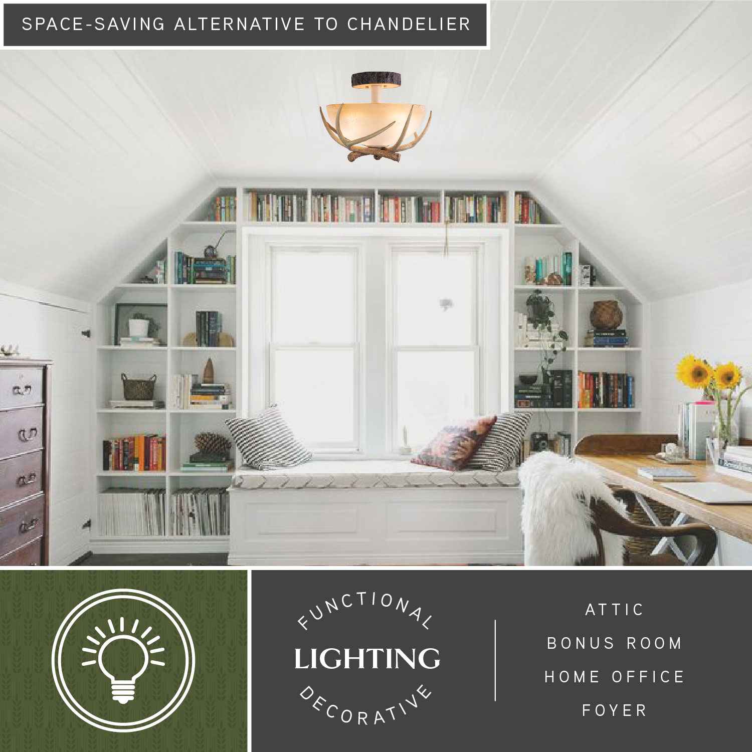 Rustic Antler 16" Cream Glass Semi Flush Mount Ceiling Light