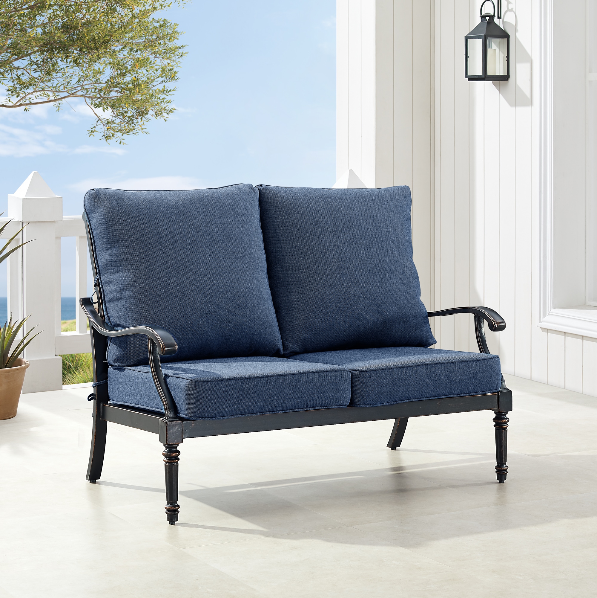 Oakland Living SHAOLSBLCUA High Quality Luxury Outdoor Loveseat with Blue Cushions and Aluminum Frame