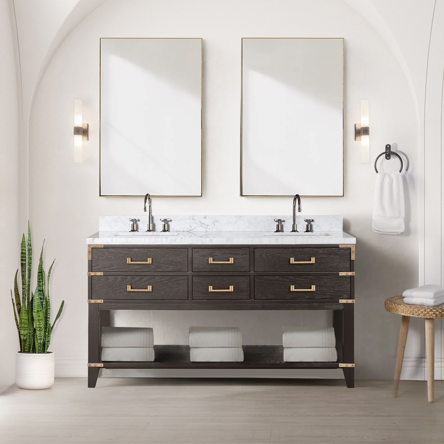 Lexora LVGR60DK111 Greenberg 60-in Brown Oak Undermount Double sink Bathroom Vanity with White Carrara Marble Marble Top (Mirror Included) (Faucet Included)