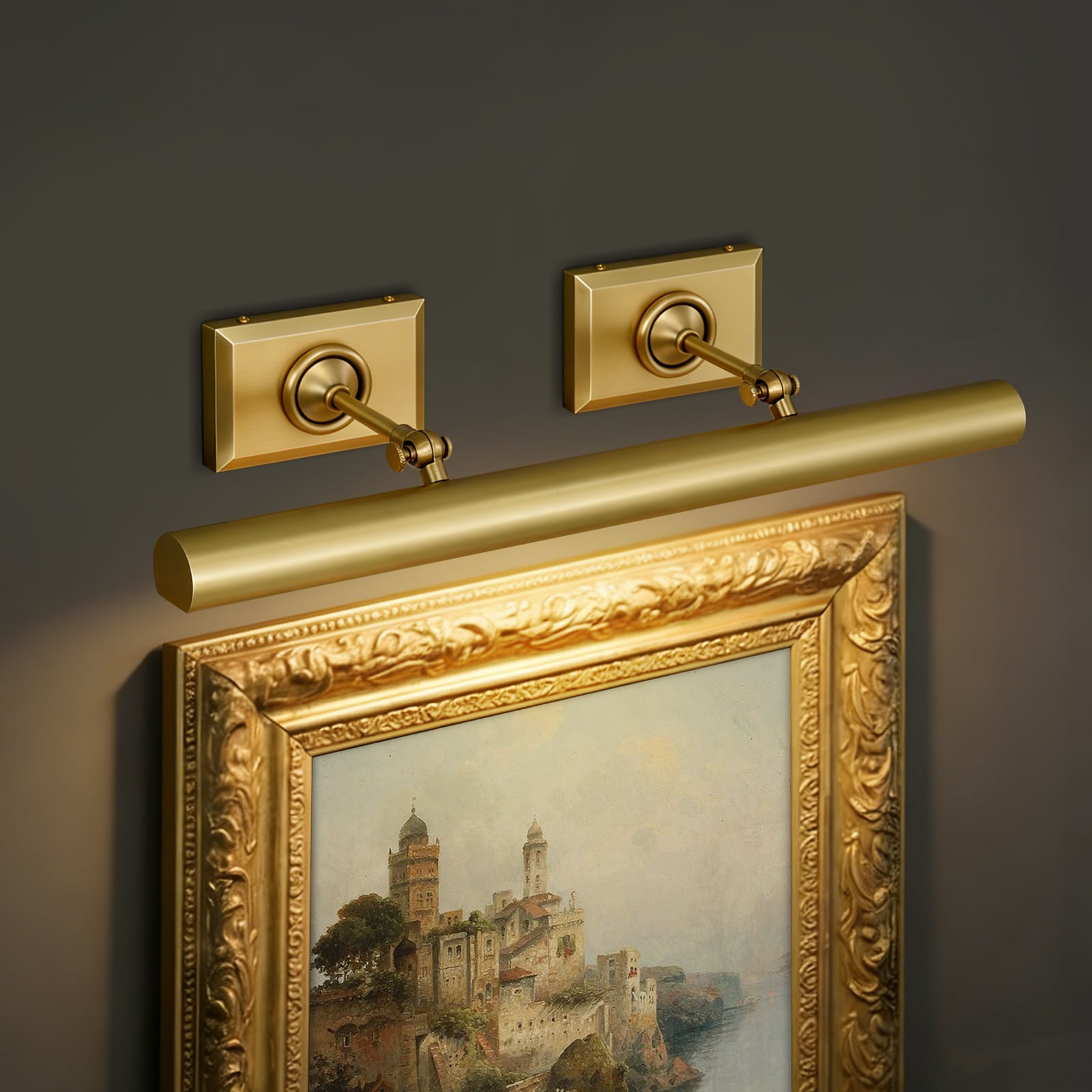 Gleam Flare 24in Hardwired Picture Lights for Wall Brass Wall Light for Pictures 270 Adjustable Swing Arm 4 Light Gallery Art Lighting for Paintings Artwork Portrait Library Vanity Mirror Bulb Included