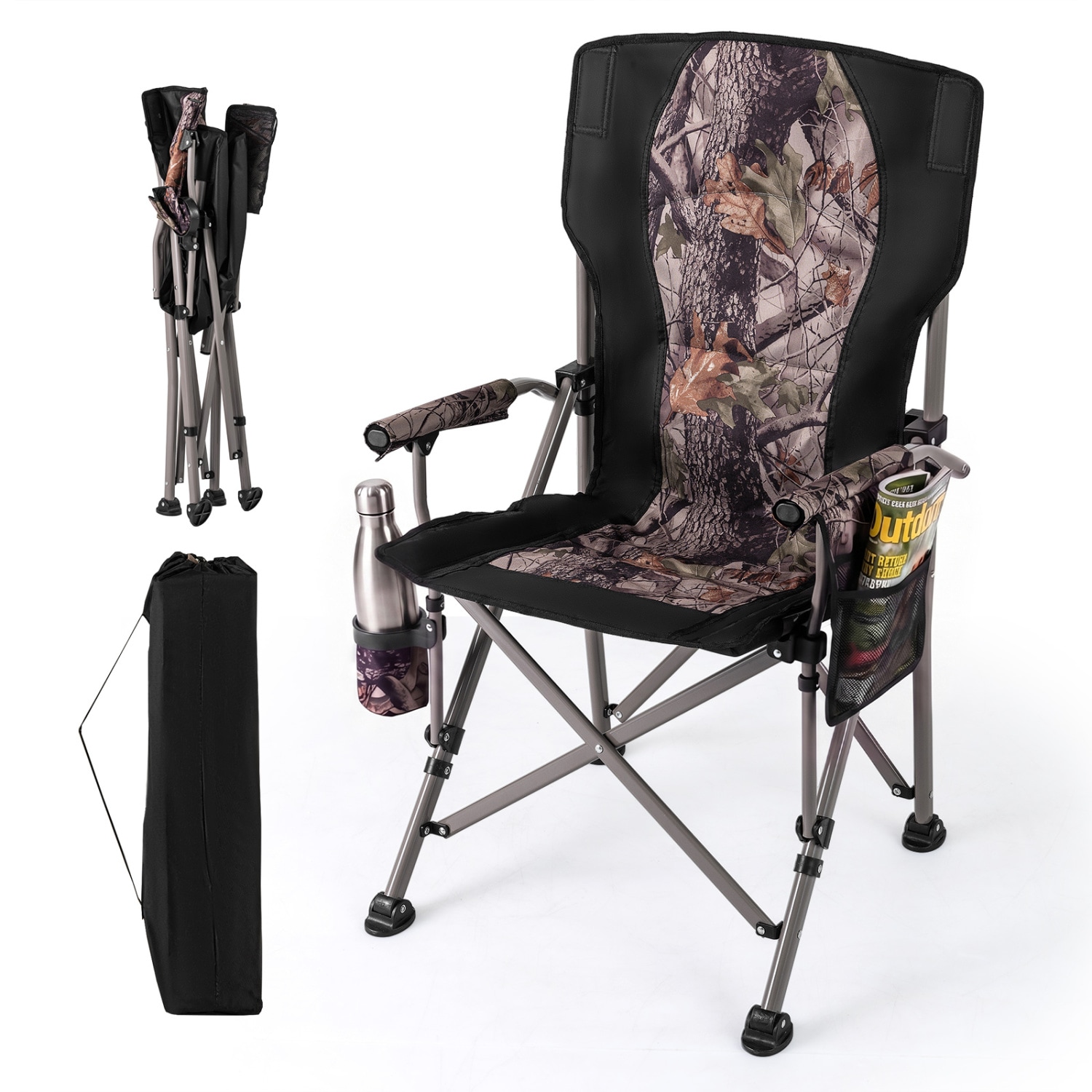Slickblue - Folding Khaki/Black Camping Chair with Metal Frame Carrying Bag Cup Holder and Side P...