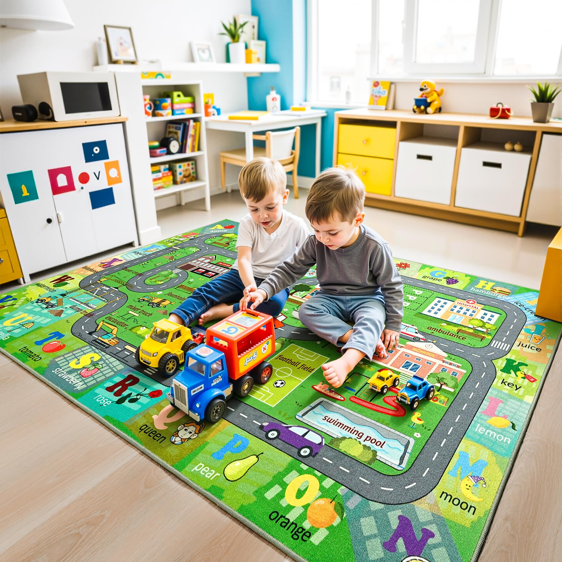 SenQWFa 4x6 Kids Car Road Area Rug Non Slip Low Pile Washable ABC ...