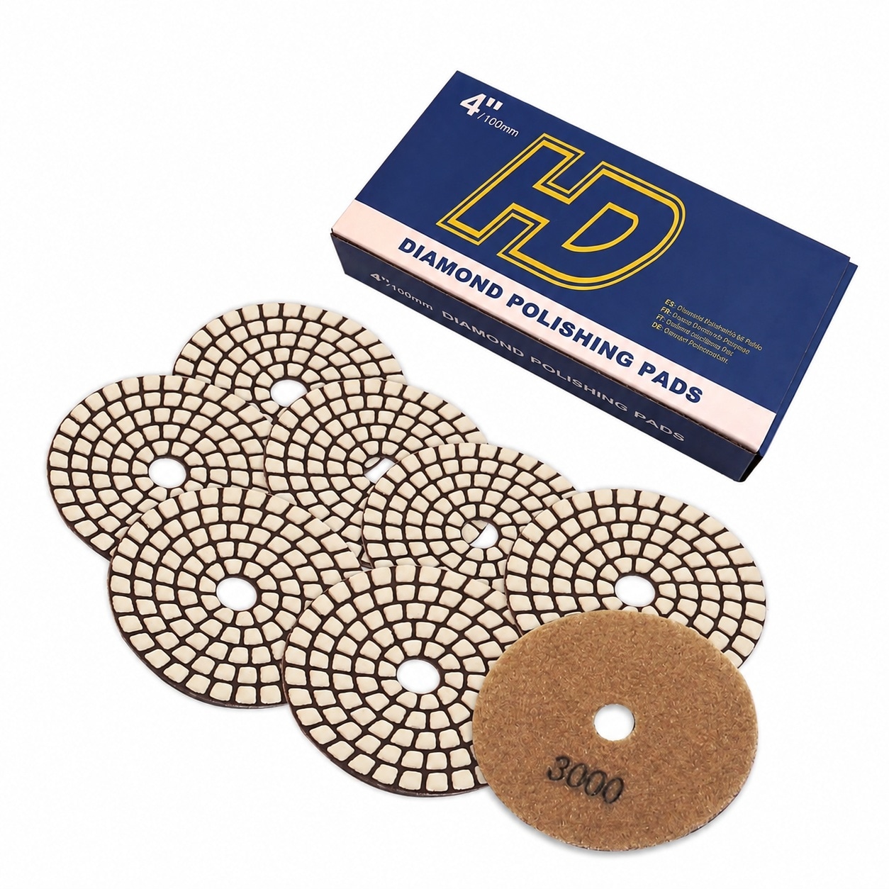 Ahfiwaso 8pcs 4 Inch Diamond Polishing Pads Kit for Granite Marble Tile and Stone Dry Use Flexible Sanding Pads for Angle Grinder or Polisher 3000 Grit