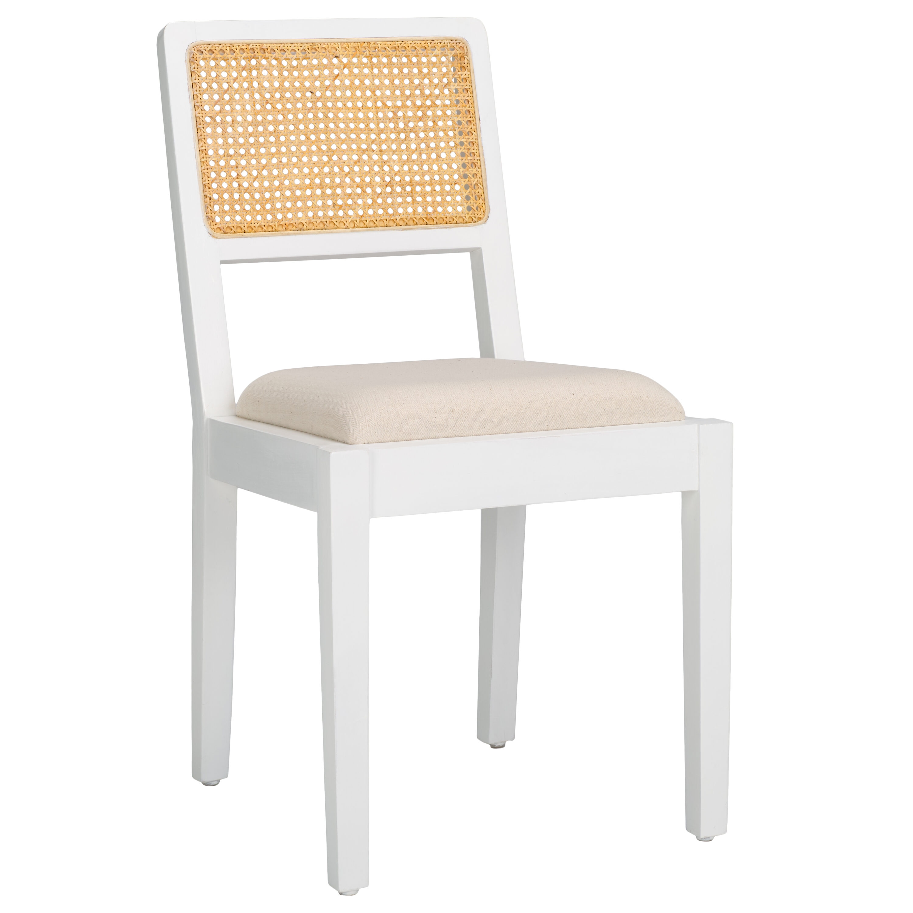 Suzetta White and Natural Pine Wood Side Chair with Rattan Backrest