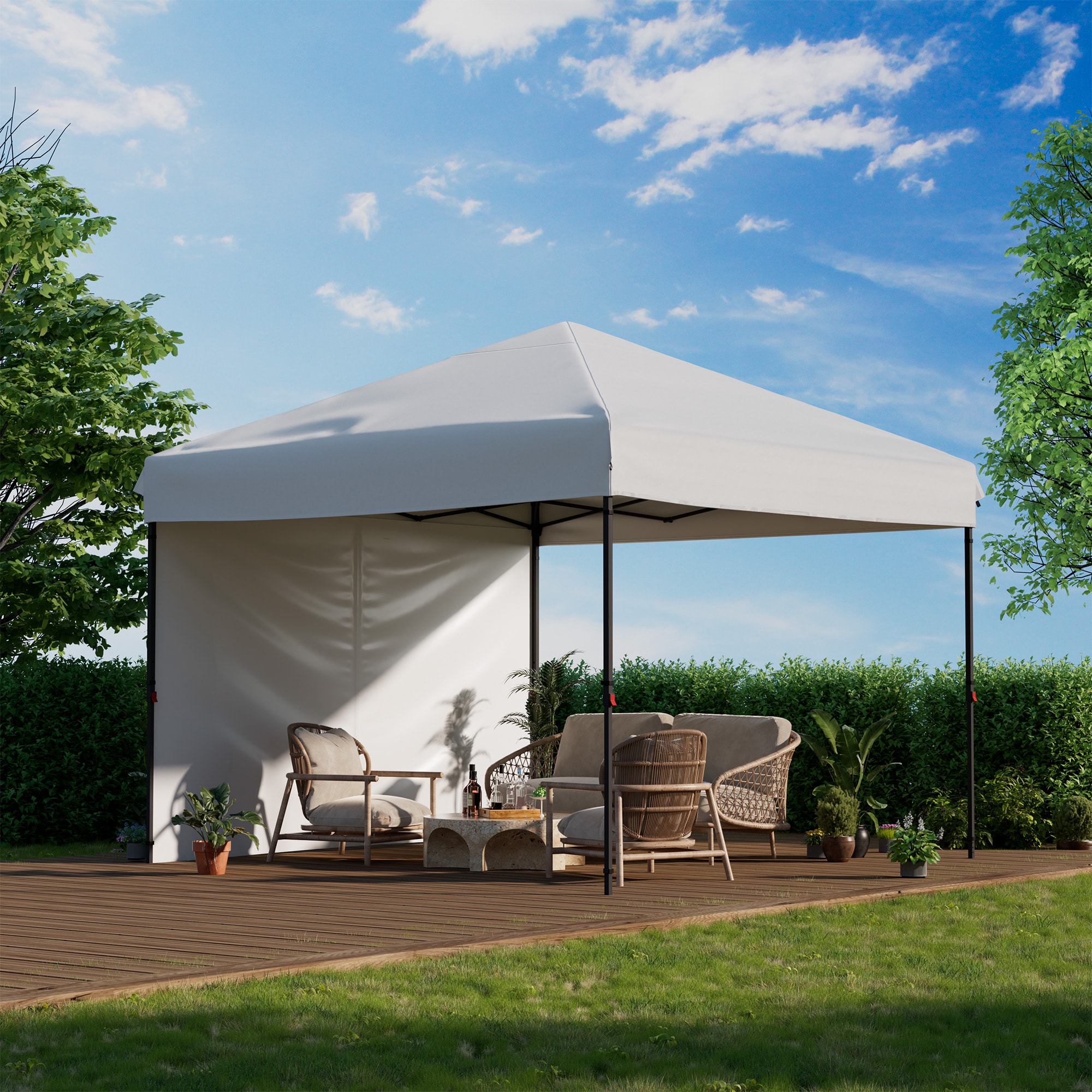 Garvee 10x10 ft Pop Up Canopy Tent Instant Canopies Portable Gazebo with 1 Removable Sidewall 4 Stakes 4 Ropes for Outdoor Events Patio Party Camping - White