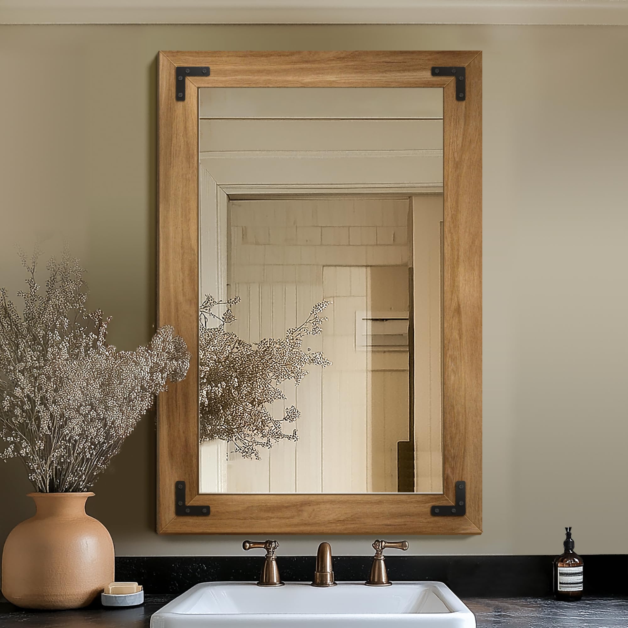 OMOMMD - 36x24 Rustic Solid Wood Bathroom Mirror Farmhouse Vanity Vertical Horizontal