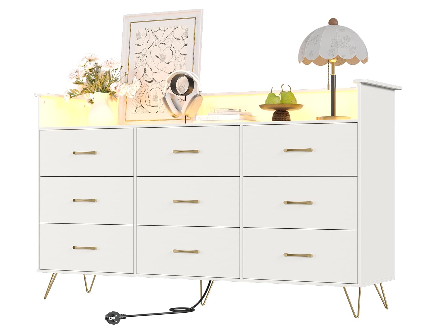 Garvee Modern 9 Drawer Dresser with RGB Lights Charging Station App ...