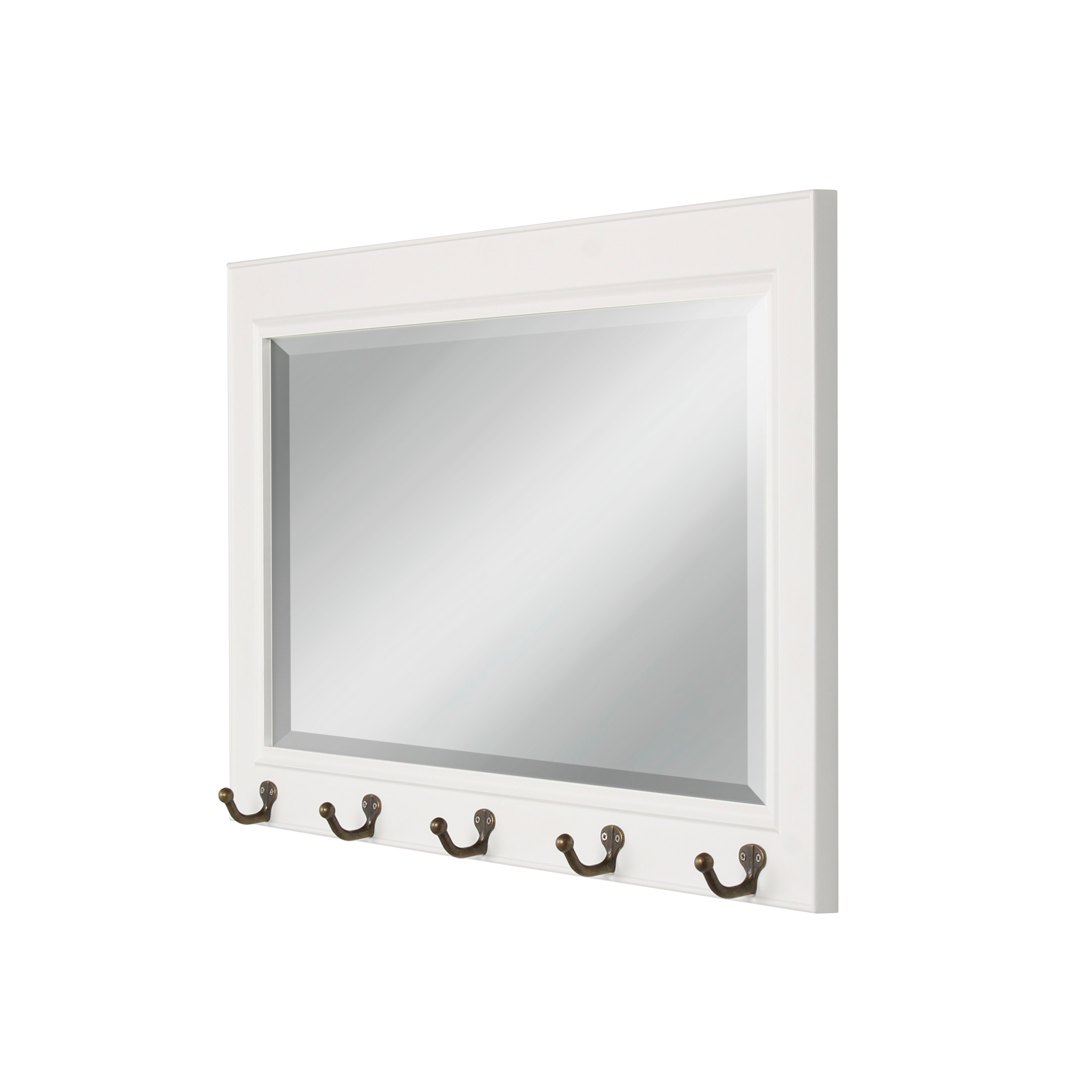 Classic Beveled Pub Mirror with White Frame and Metal Hooks 36"x18"