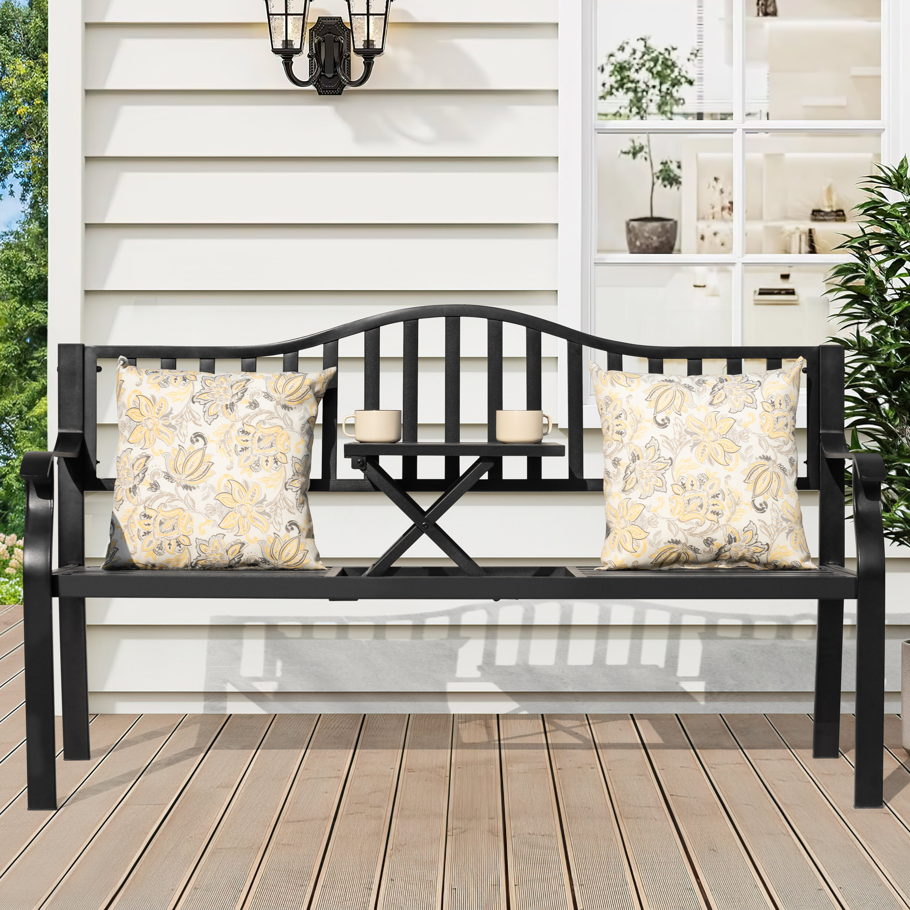 Nuu Garden Bench 57.9-in W x 34.9-in H Black Iron Traditional Bench