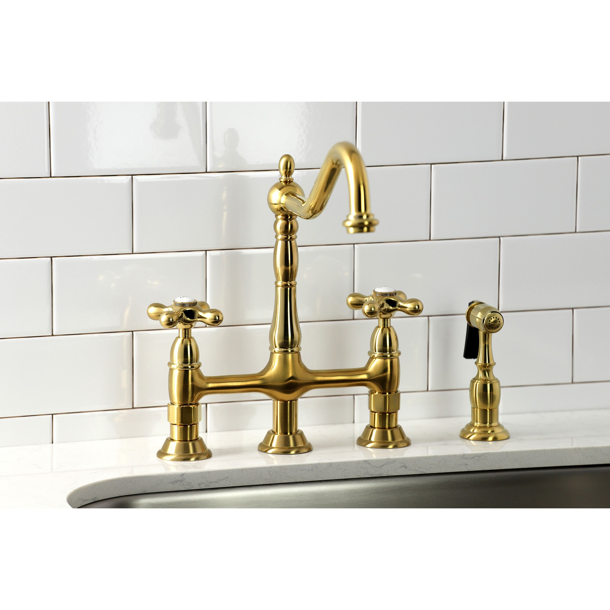 Kingston Brass WLKS1277AXBS Heritage Brushed Brass Double Handle Deck-mount Bridge Kitchen Faucet ( Side Sprayer Included )