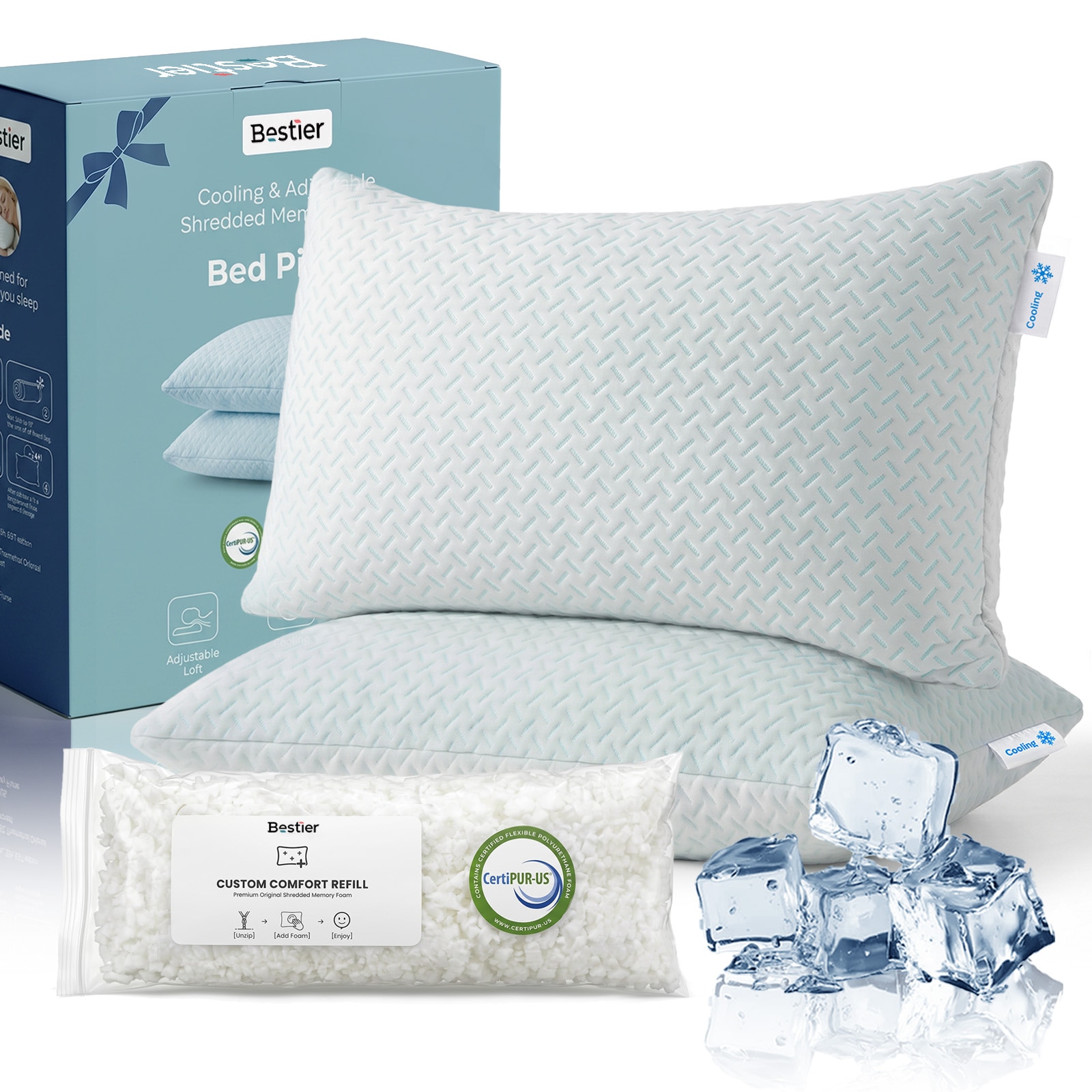 Bestier 2 pack Queen Size Adjustable Softness Memory Foam Pillow Dual Sided Cooling Sleep Pillow Machine Washable Bed Pillow for Sleeping Couch Reading