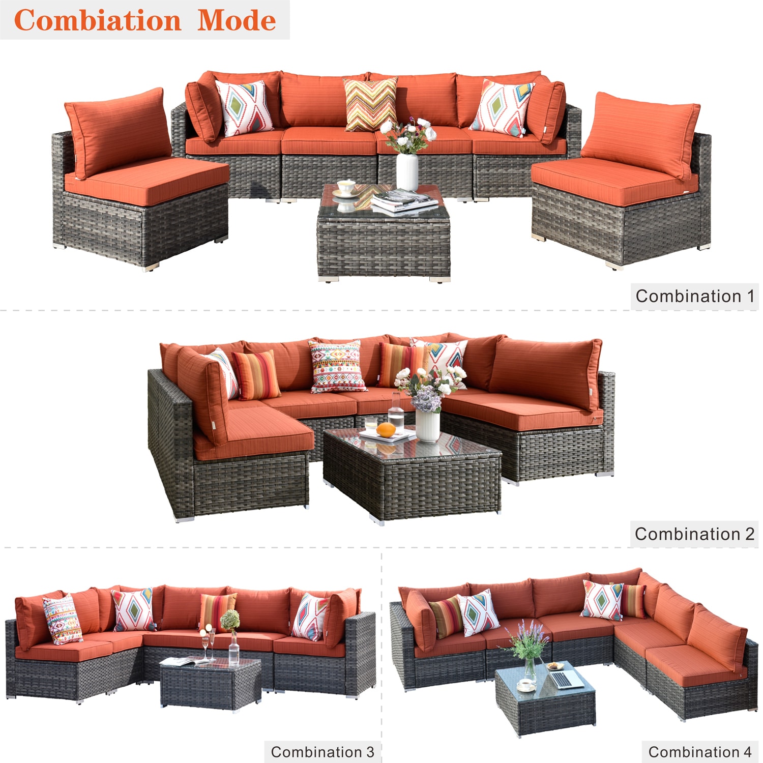 XIZZI Libra 6-Piece Rattan Patio Conversation Set with Orange Cushions ...