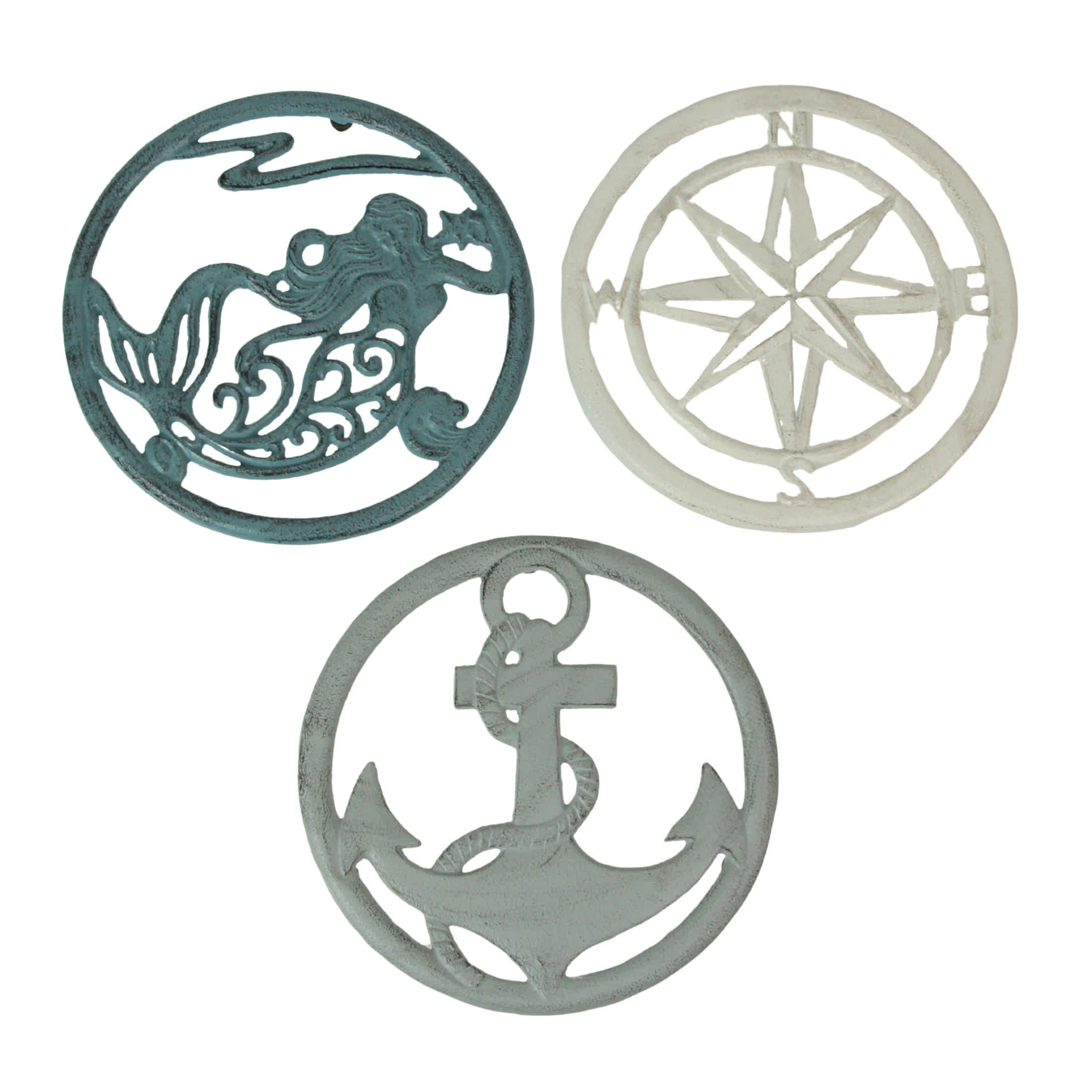 Zeckos ZKO-99075 Set of 3 Cast Iron Nautical Table Trivets - Mermaid- Anchor- Compass Rose - Decorative Kitchen Coastal Decor and Wall Hangings - 7.75 Inches