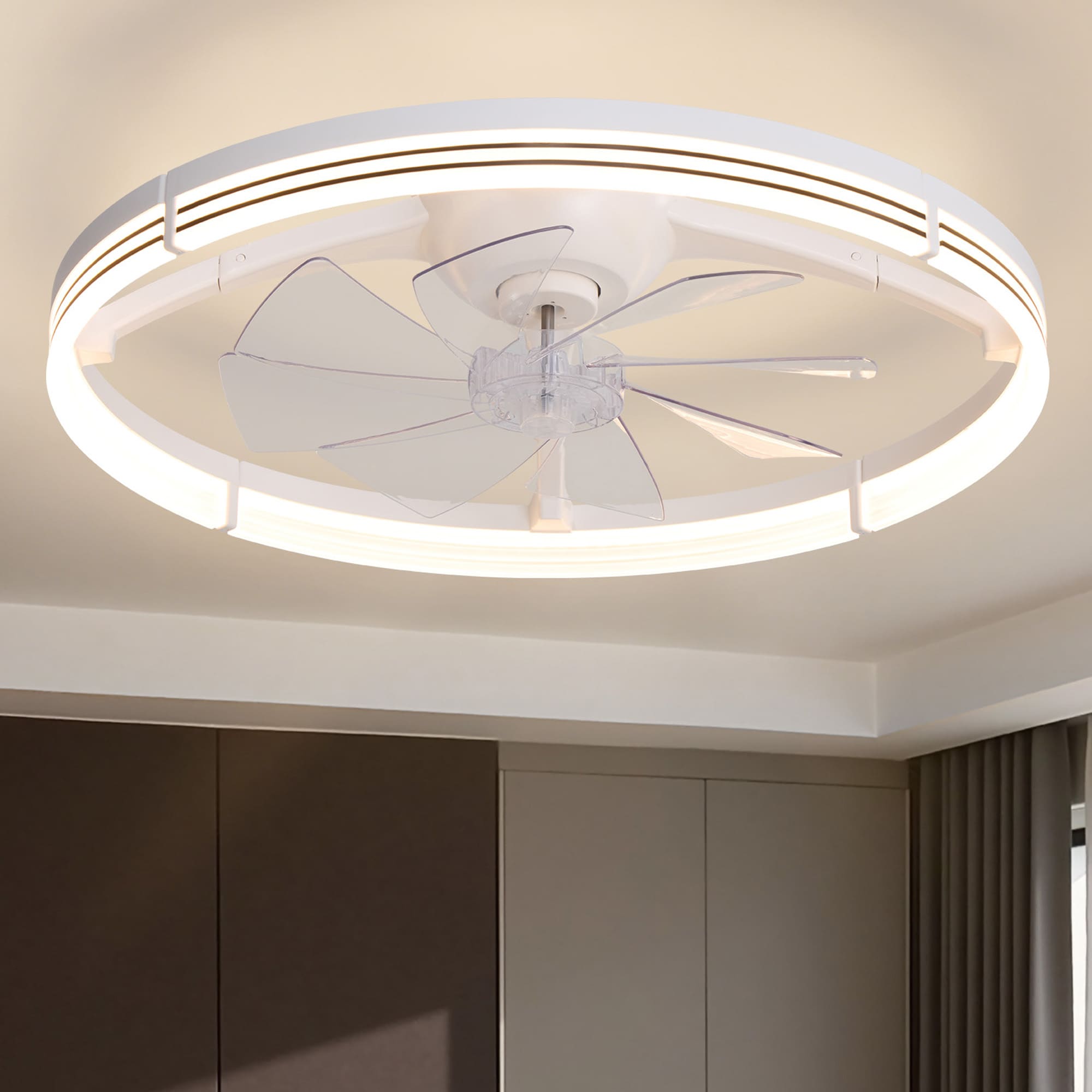 Antoine Modern Foldable 24-in White with Clear Blades LED Flush Mount Smart Ceiling Fan With Light and Remote Control Included 8 -Blade