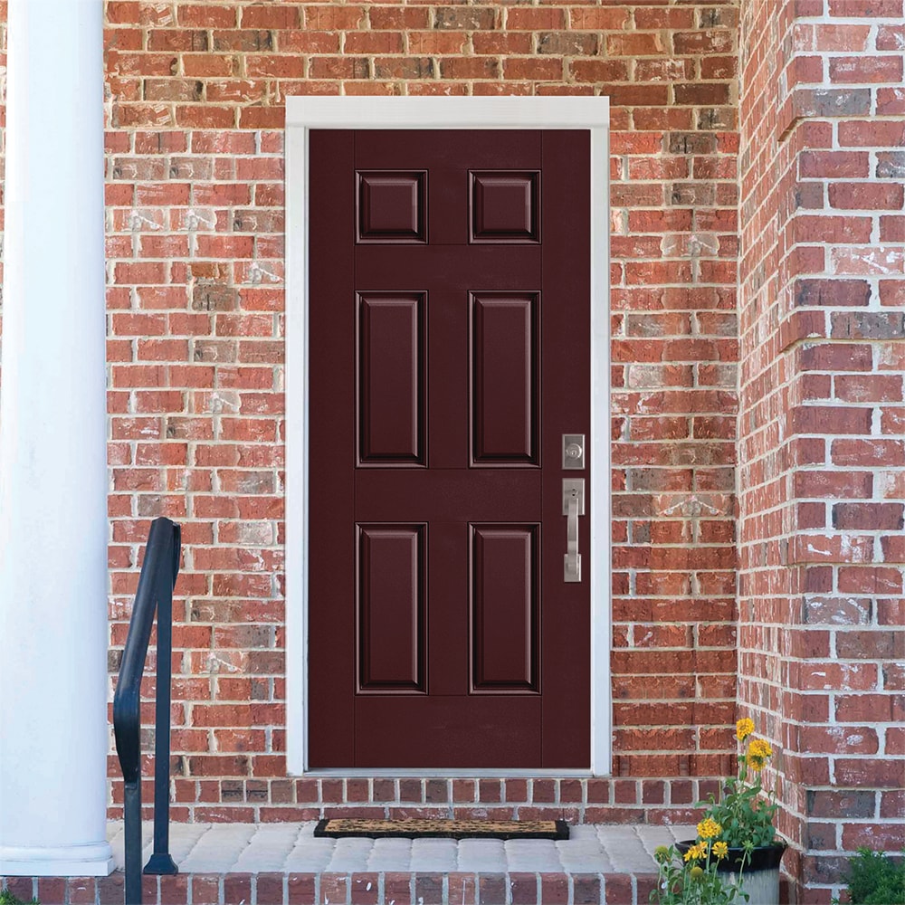Masonite 1218349 36-in x 80-in x 4-9/16-in Fiberglass No glass Left-hand inswing Currant Painted Prehung Front Door with Brickmould Insulating core