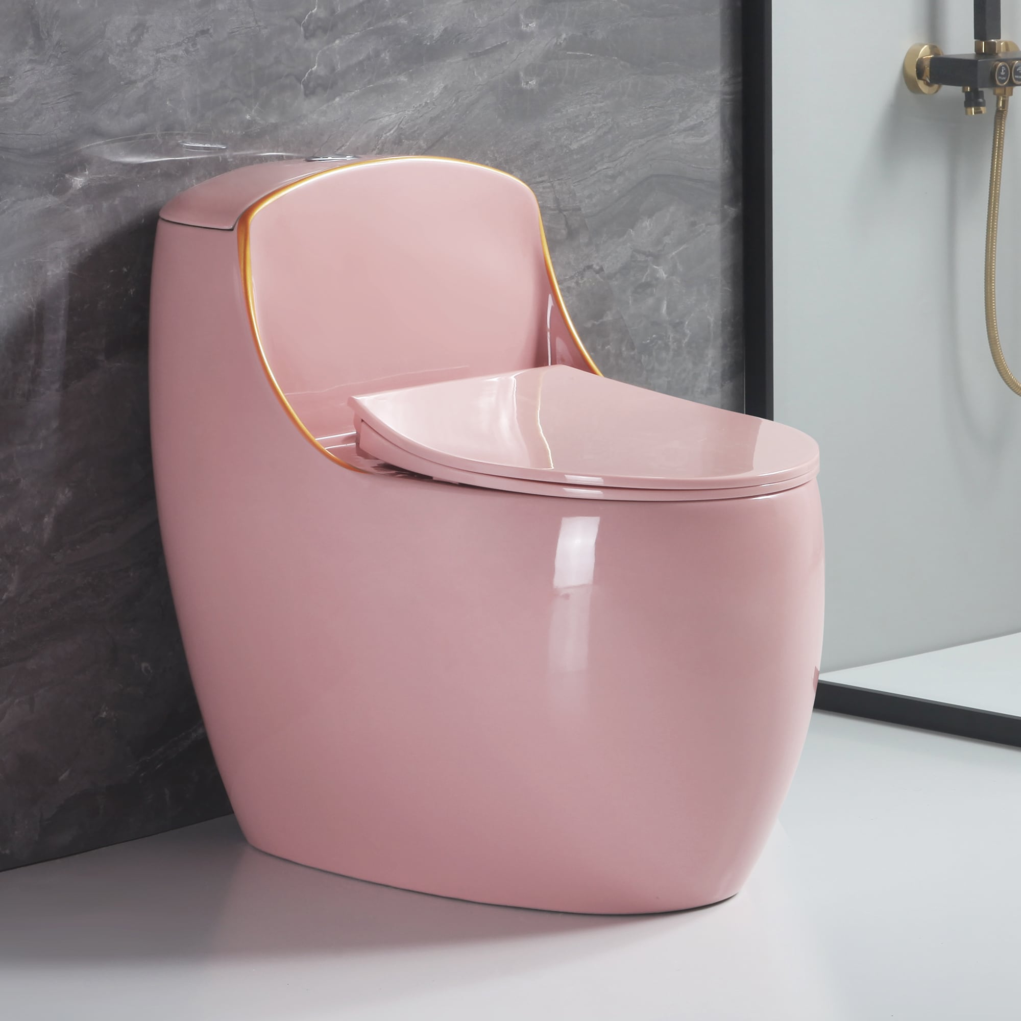 Simple Project Egg Toilet Pink Elongated Standard height 12-in Rough-In 1.6 GPF Soft Close 1-piece Toilet