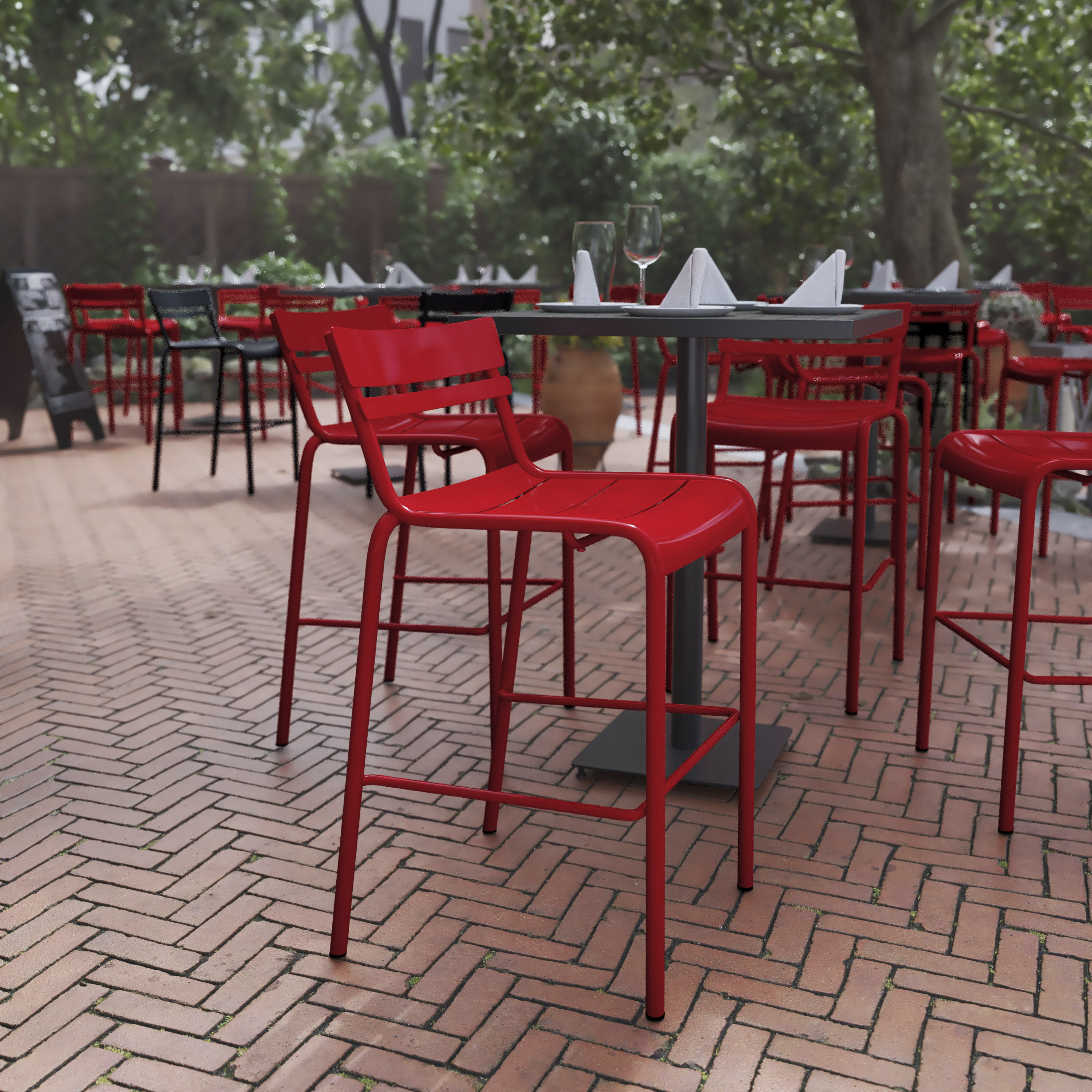 Flash Furniture - Nash Commercial Grade Red Metal Indoor-Outdoor Bar Height Stool with 2 Slats