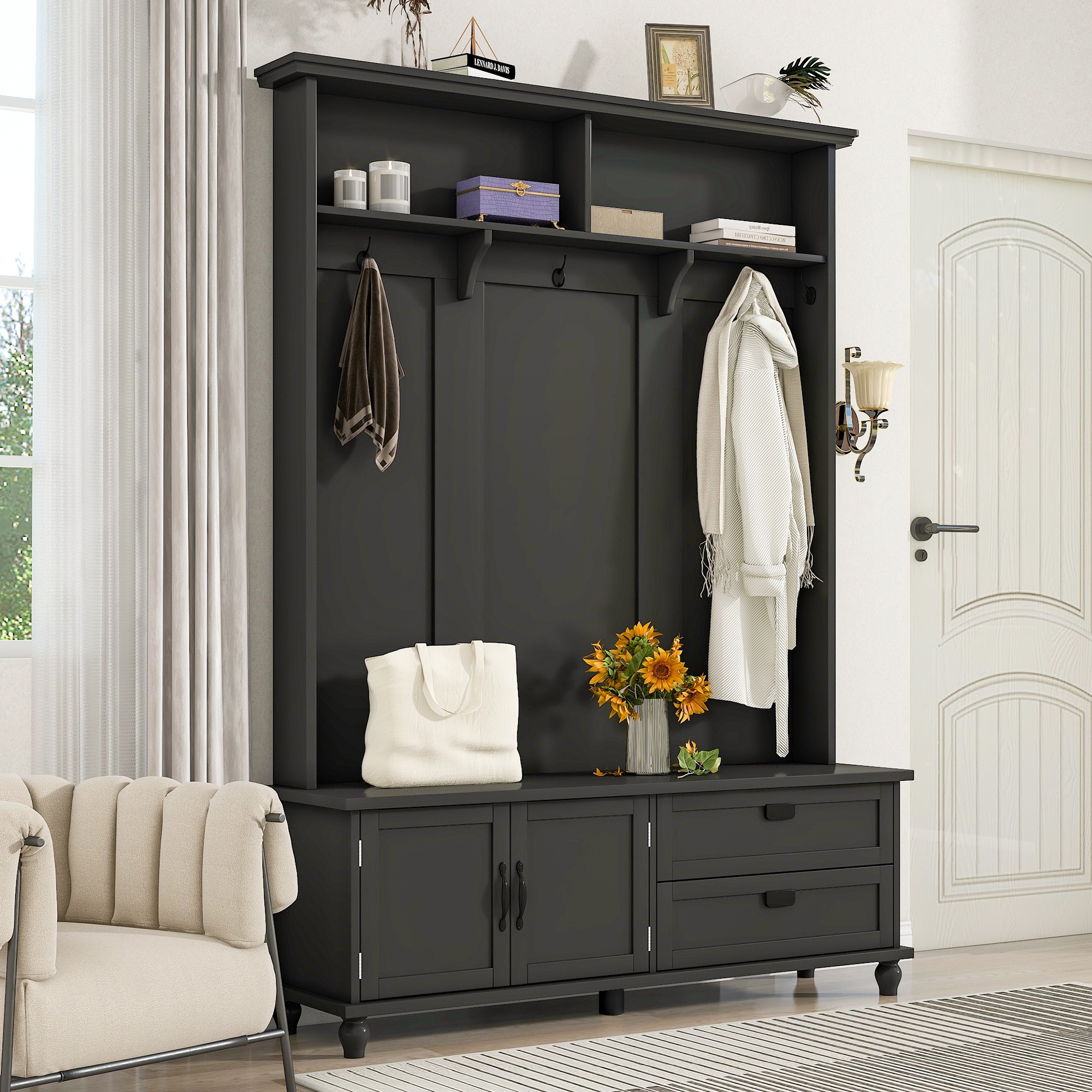 Yiekholo LL-1407AAB Casual 59-in Black Wood Hall Tree