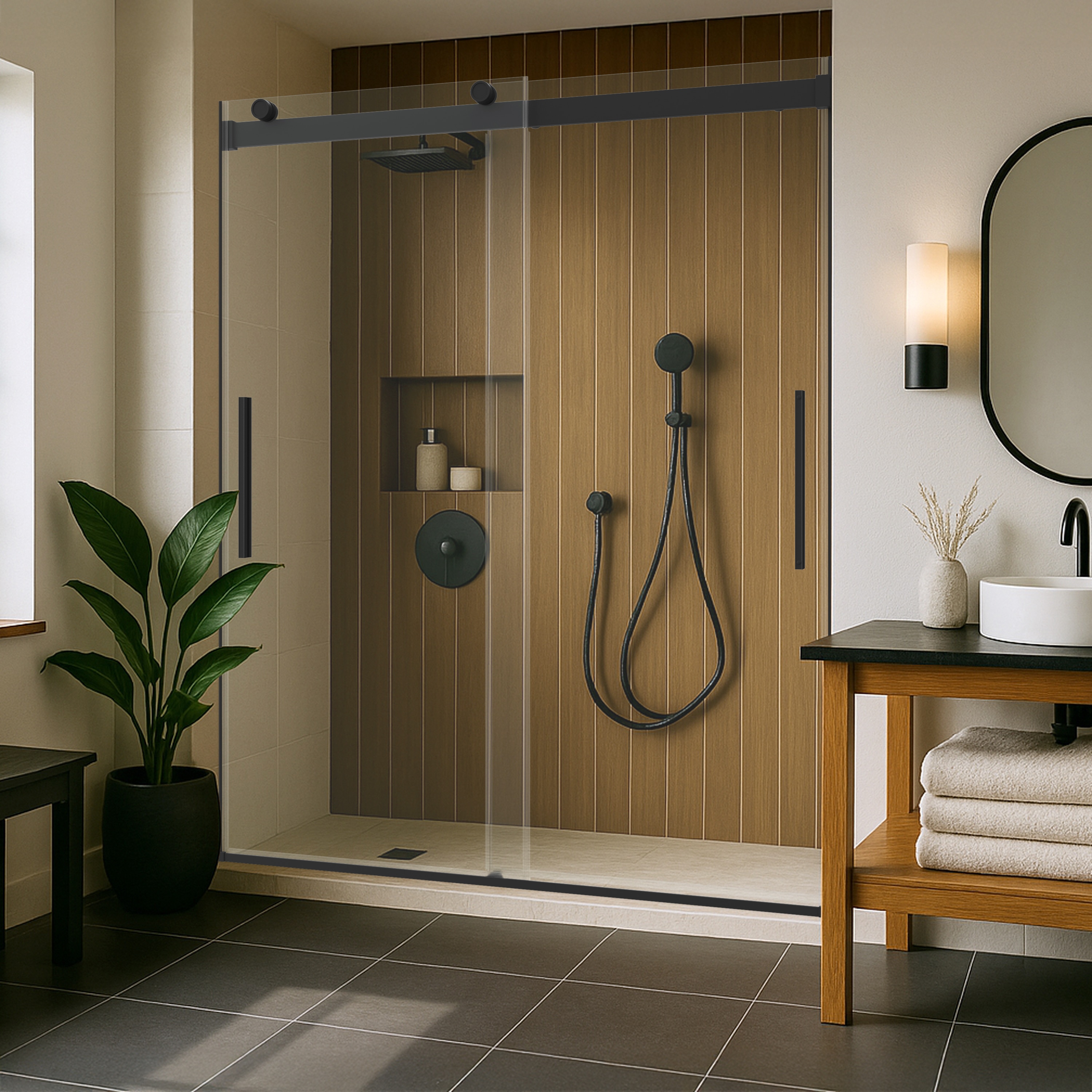 Delta SDVS860-MB-R EverEdge Matte Black 55-in to 59-in W x 71.14-in H Frameless Sliding Shower Door 5/16-in Thick Clear Glass