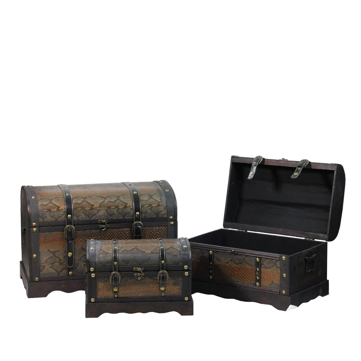 Northlight Set of 3 Decorative Antique Brown Wood and Faux Snakeskin Storage Boxes 22.5 inch #NORTHLIGHT-CW64910