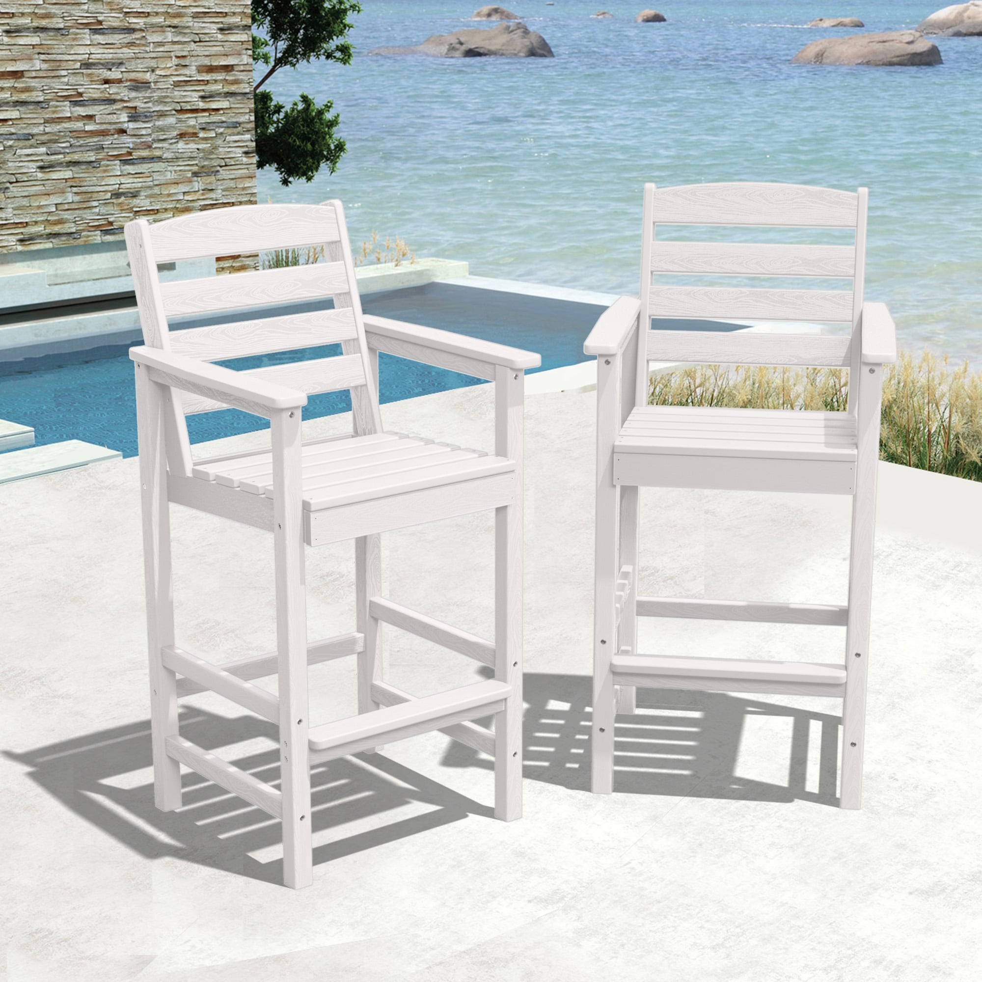 VOUA GBY02-WE Patio Tall Bar Chairs Set Of 2 Set of 2 White HDPE Frame Stationary Bar Stool Chair with Slat Seat