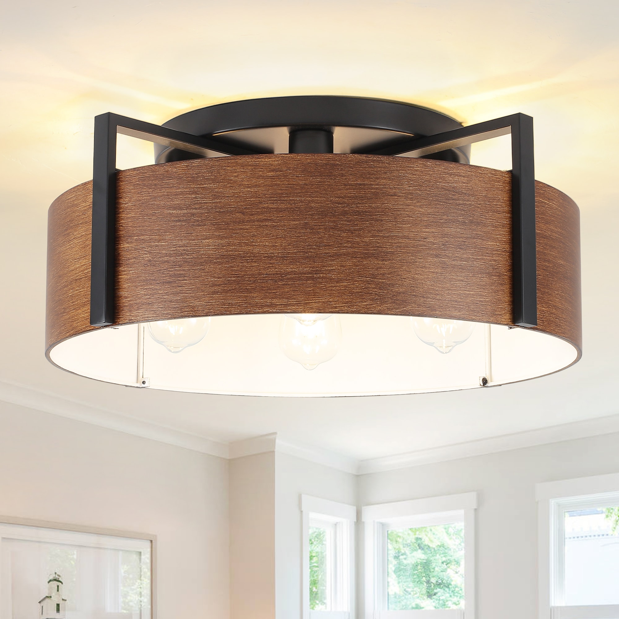 Zjvaive 20.47-in 4-Light Wood Grain Drum Modern Farmhouse Semi Flush Mount Ceiling Light