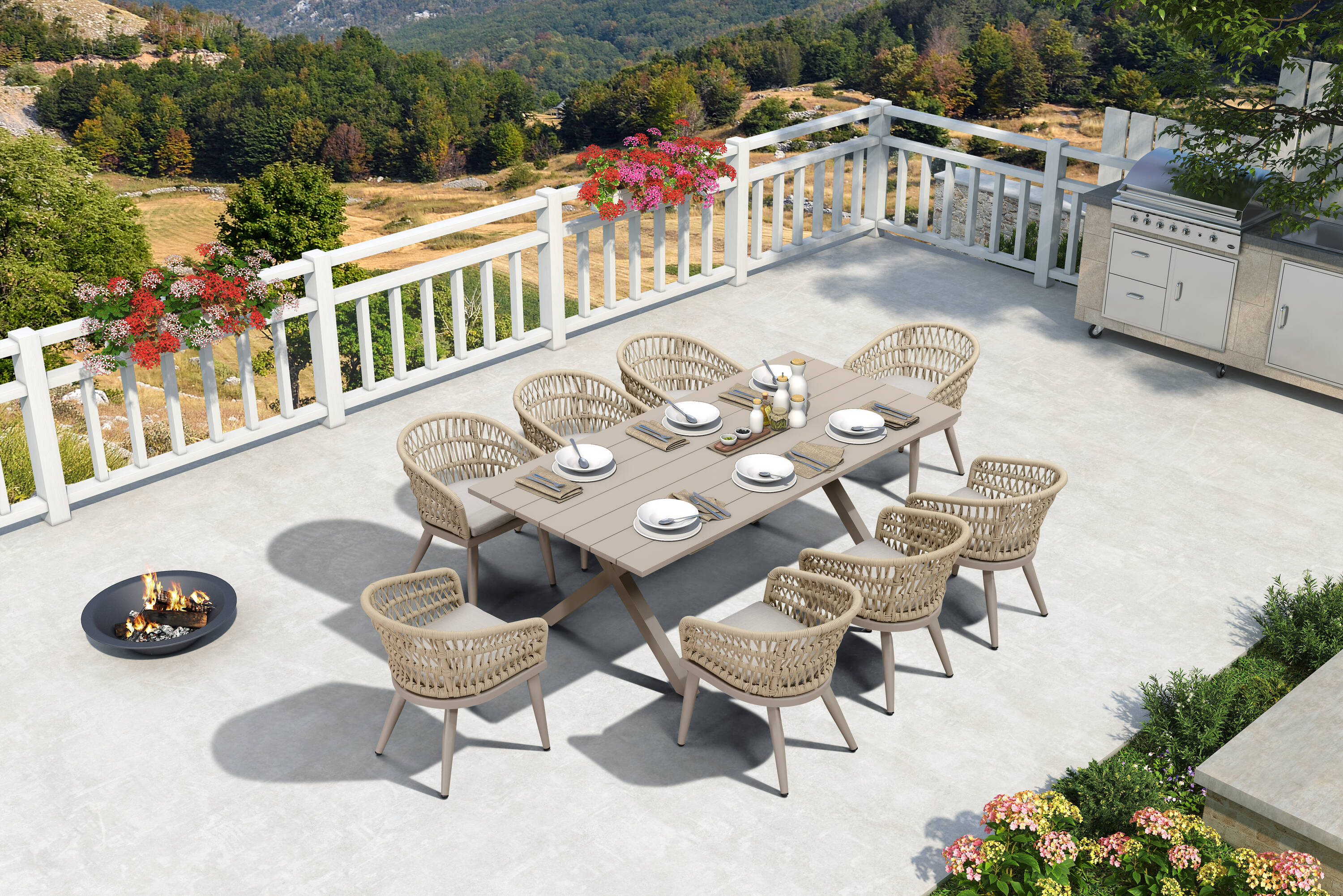 PURPLE LEAF LS01-RPL09-205-CP 9 -Piece 9 pieces retangle Rattan Patio Dining Set Aluminum Rectangle Table with 8 Yellow Cushions Stationary Chairs