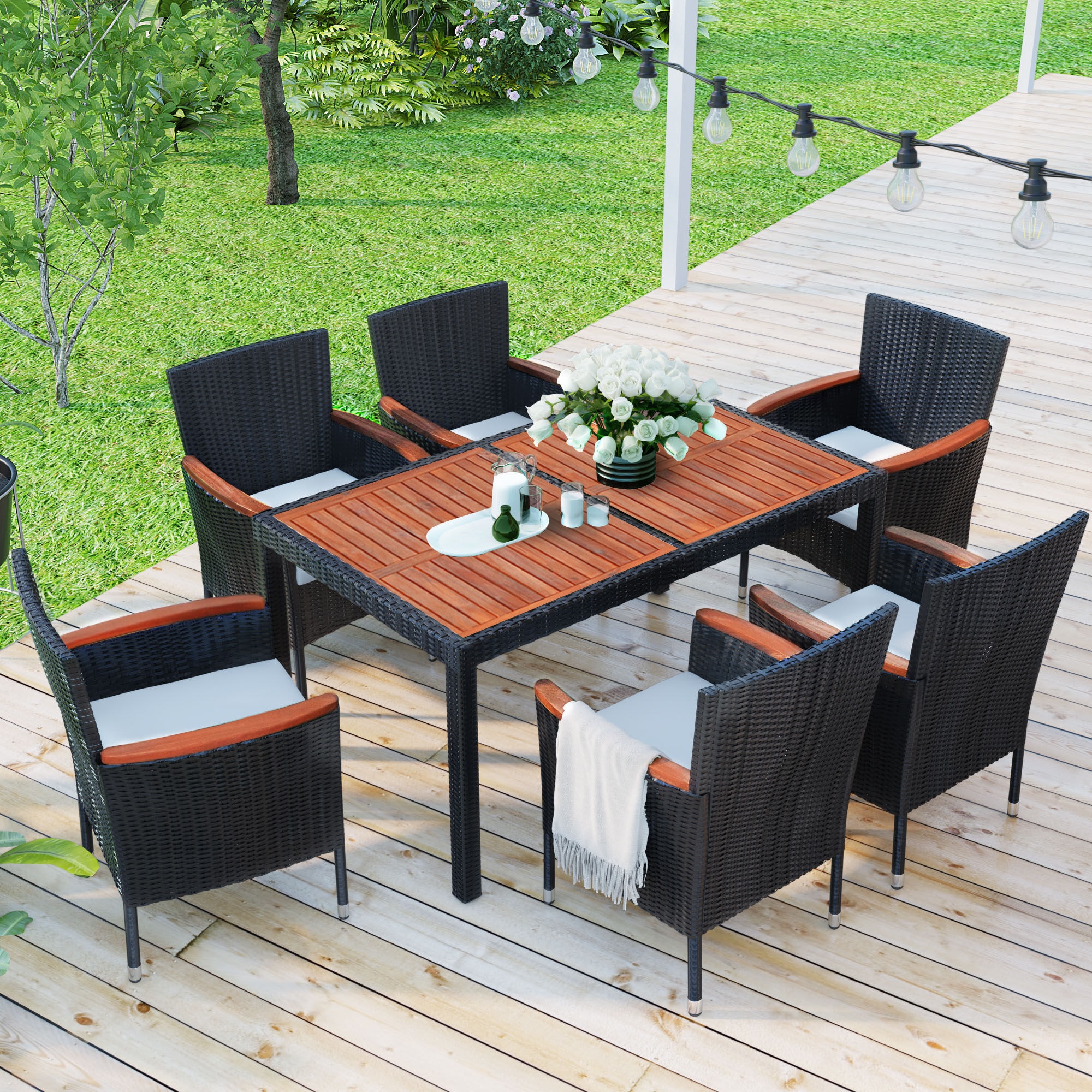 Xspracer ML-PDS09B Dining Set 7 -Piece Black Wicker Patio Dining Set Wood Rectangle Table with 6 Brown Cushions Stationary and Motion Chairs