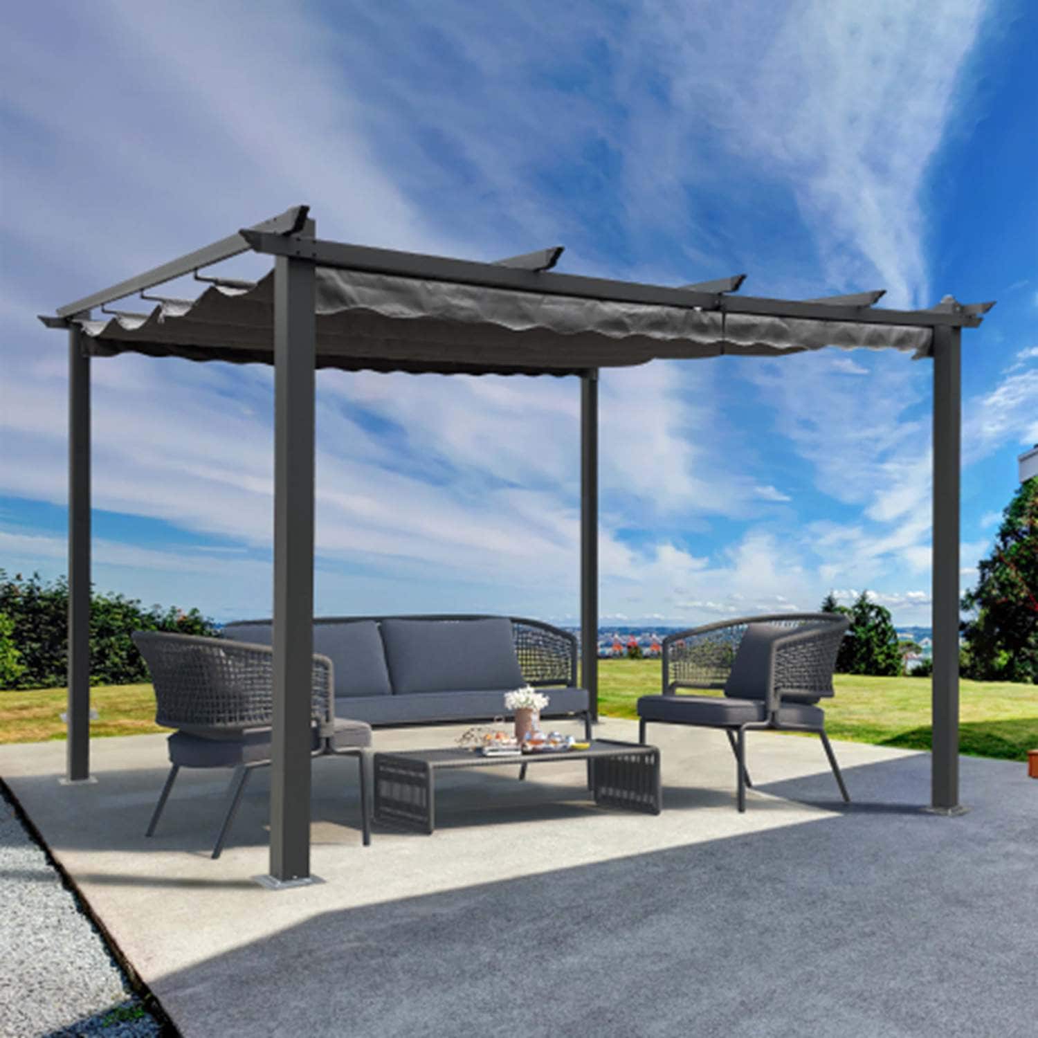Runesay PERGO-04 Retractable Pergola 10-ft W x 13-ft L x 7-ft 3-in H Gray Metal Attached Pergola with Canopy