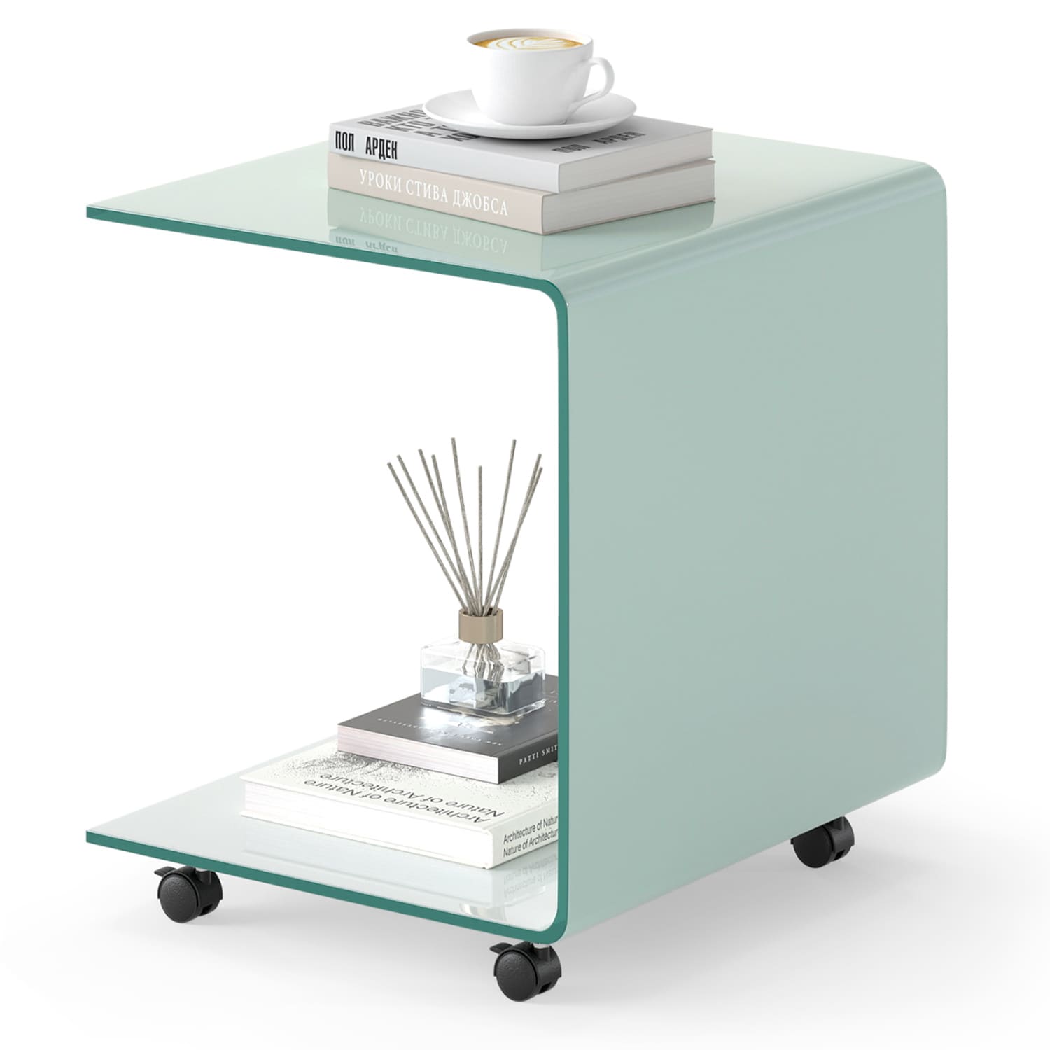 Volenca C-Shaped Tempered Glass End Table with 2-Tier Shelf and Lockable Swivel Wheels 19-in H 66-lb Shelf