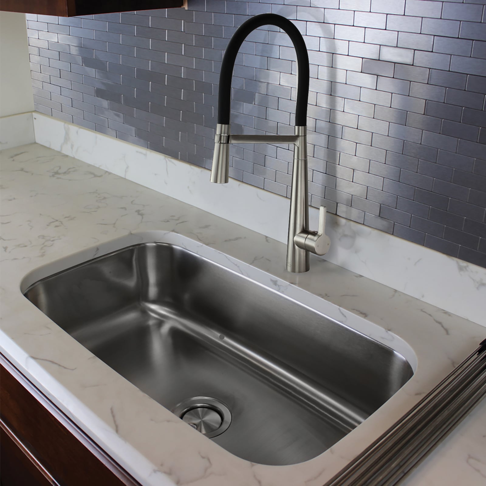 Polished Chrome and Black Single Handle Pull-down Kitchen Faucet